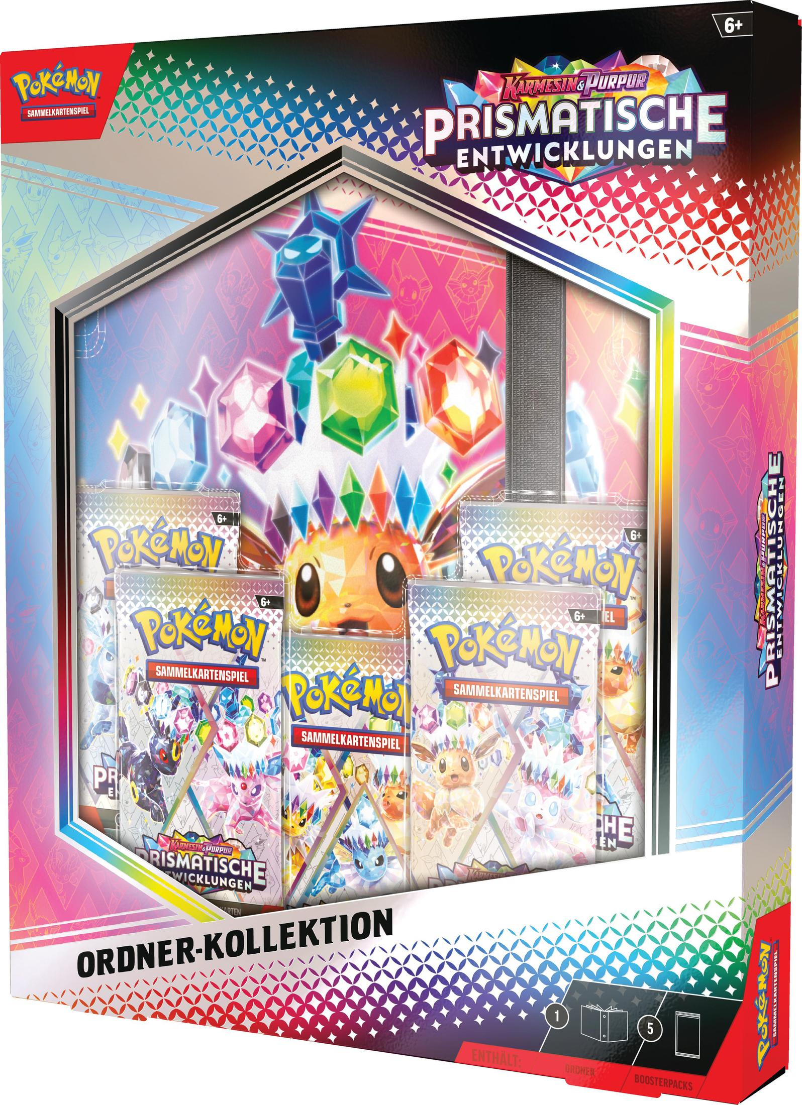Pokemon-Kartenset-Box. Sie hat Packungen und einen Ordner. Bunte Box.