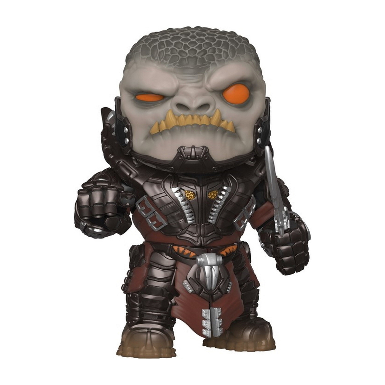Eine Funko Pop Figur eines Monsters mit orangen Augen und einer Klinge.