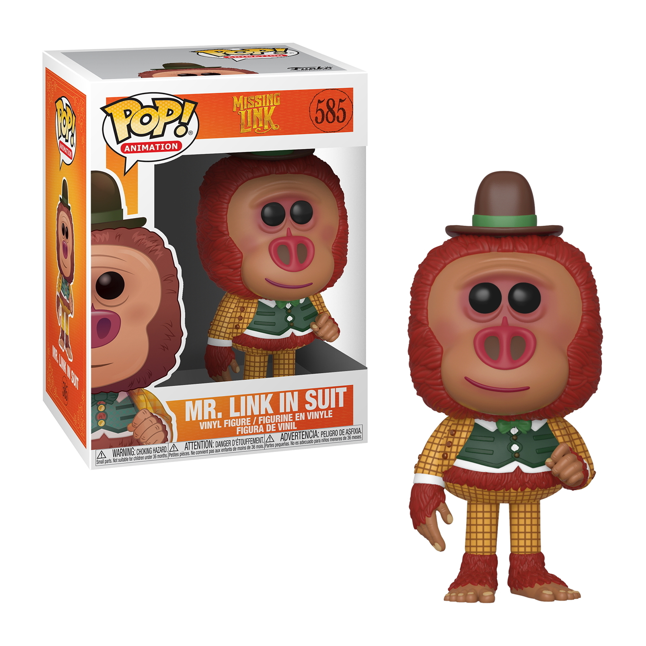 Eine Funko Pop Figur von Mr. Link im Anzug, mit einer Box. Die Figur ist ein affenähnliches Wesen im Anzug und Hut.