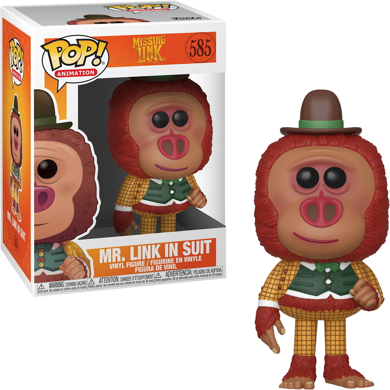 Mr. Link Figur im Anzug, mit Box. Weißer Hintergrund.