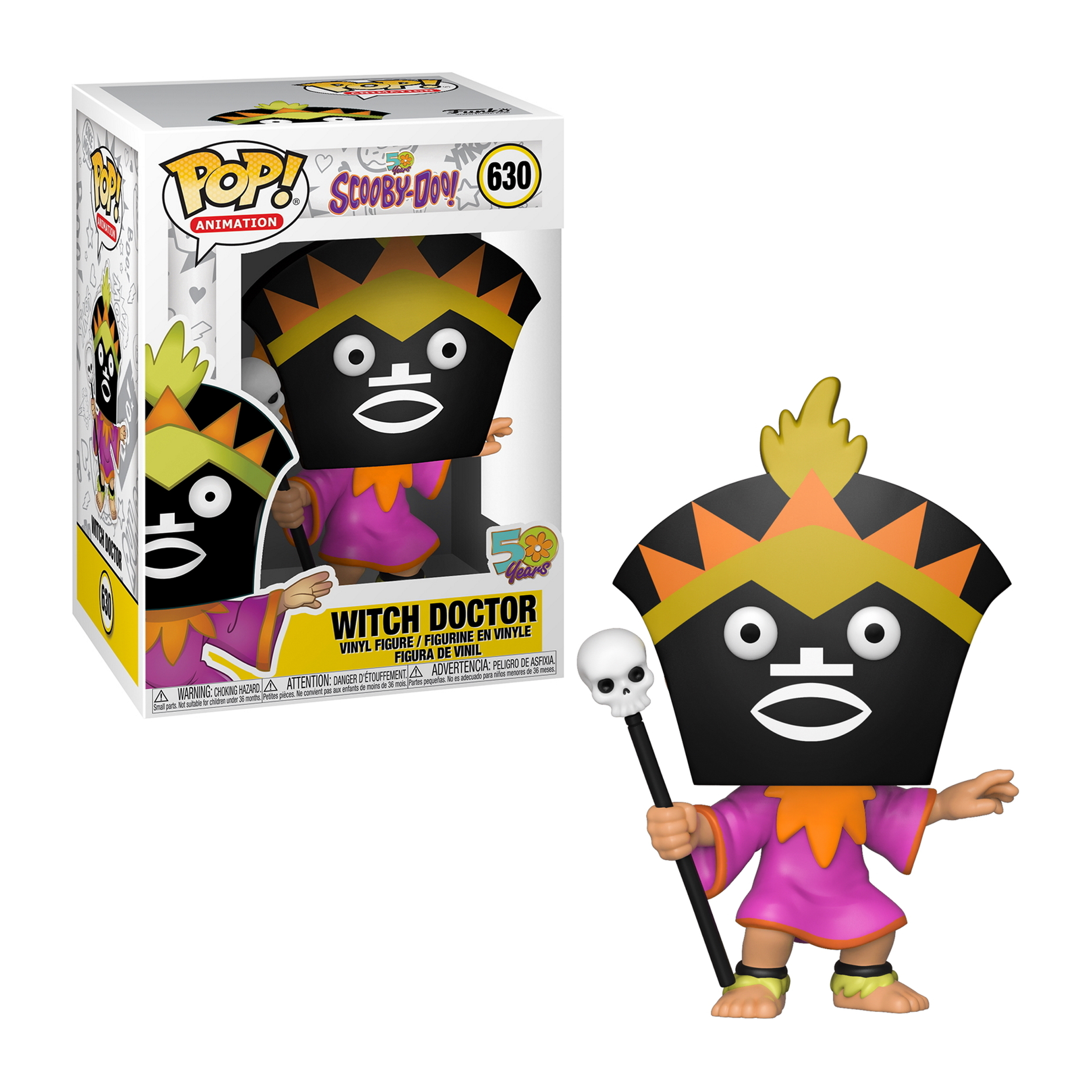 Eine Scooby-Doo-Hexendoktor-Figur mit einer Box. Die Figur ist schwarz, orange und rosa.