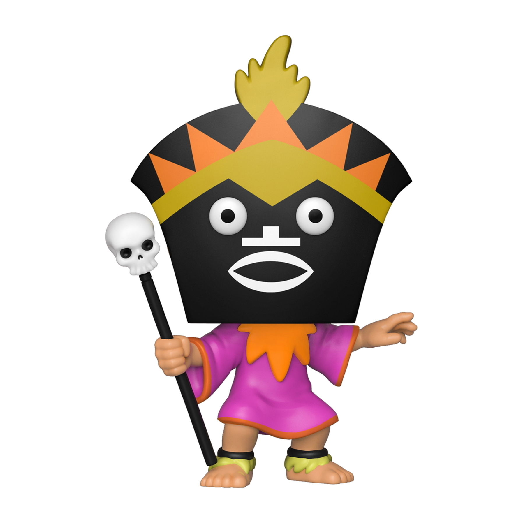 Eine Funko Pop Figur einer Figur mit schwarzer Maske, die einen Totenkopf an einem Stock hält.