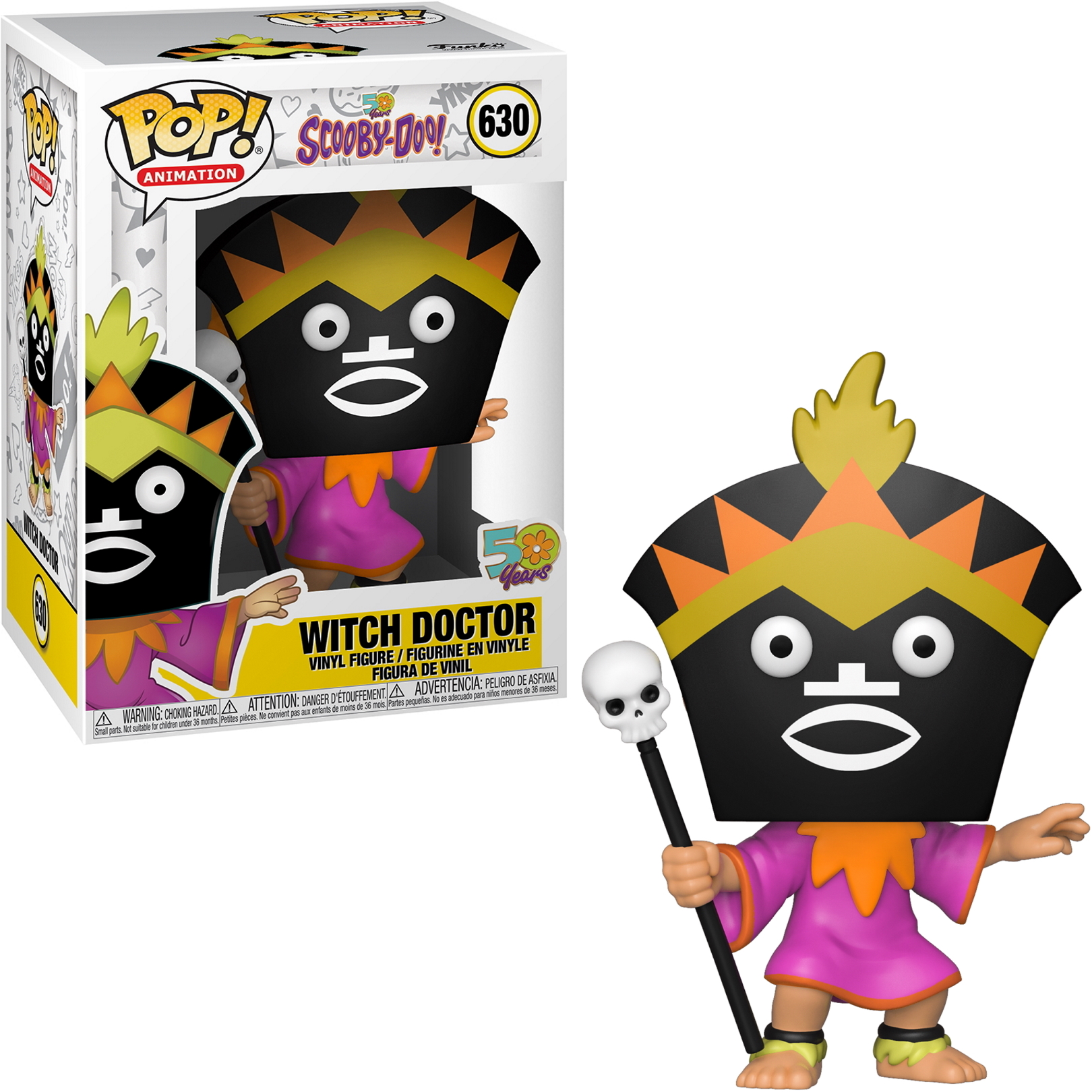 Witch Doctor Funko Pop! Figur. Schwarze Gesichtsmaske, lila Robe, Stab mit Totenkopf haltend.