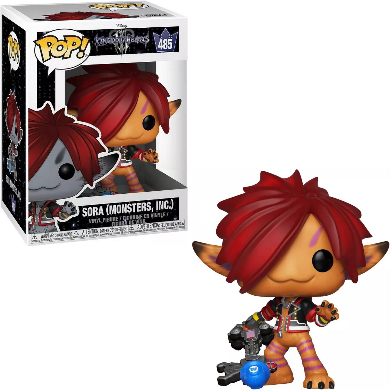 Sora (Monster AG) Funko Pop Figur. Rotes, stacheliges Haar, orange Haut, hält eine Waffe, trägt gestreifte Hose.