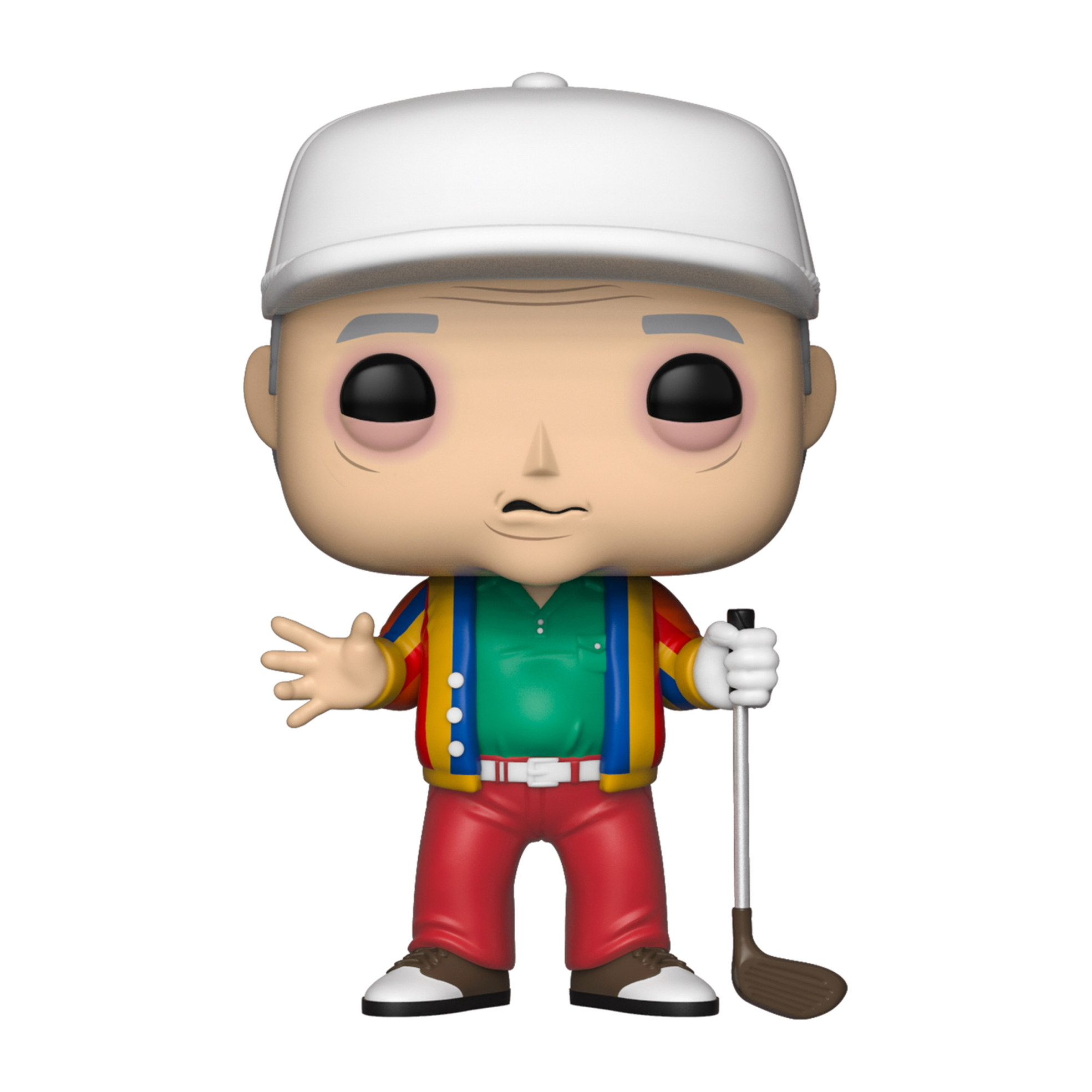 Figurka Funko Pop golfisty, w białej czapce i kolorowej kurtce, trzymająca kij golfowy.