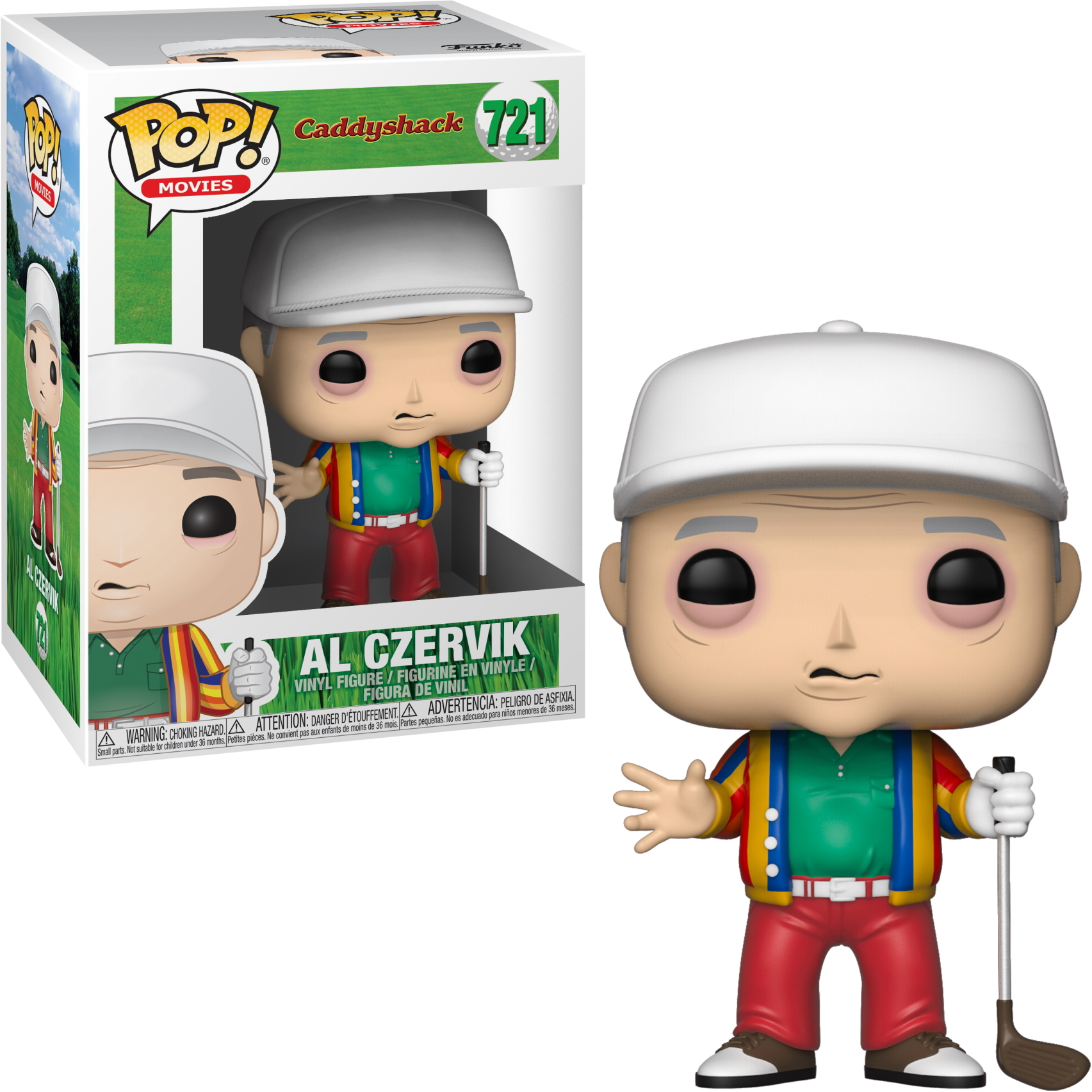 Figurka Funko Pop Ala Czervika z Caddyshack. Biały kapelusz, zielona koszula, czerwone spodnie i kij golfowy.