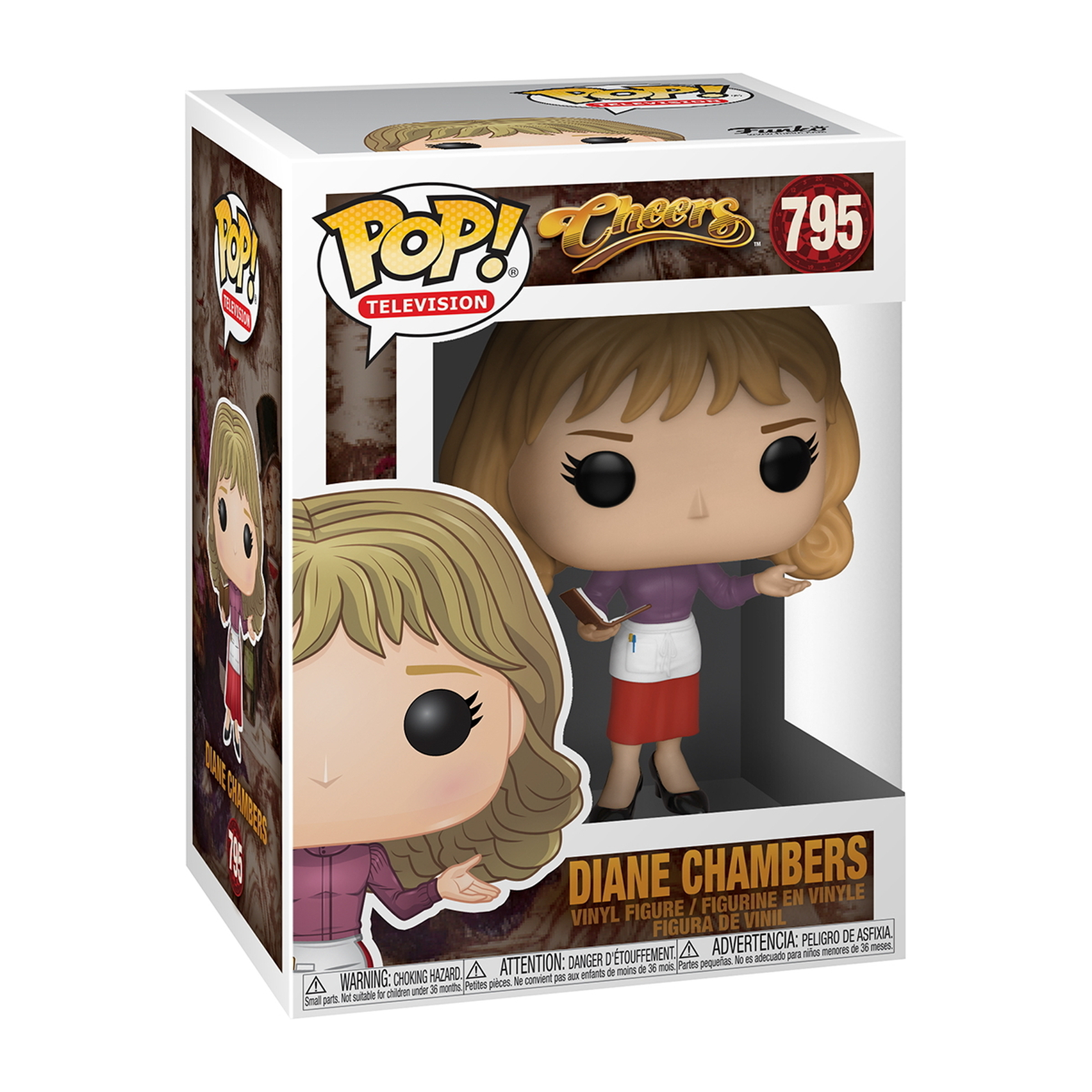 Figura di Diane Chambers in scatola. Indossa un top viola e una gonna rossa, tenendo un blocco per appunti.