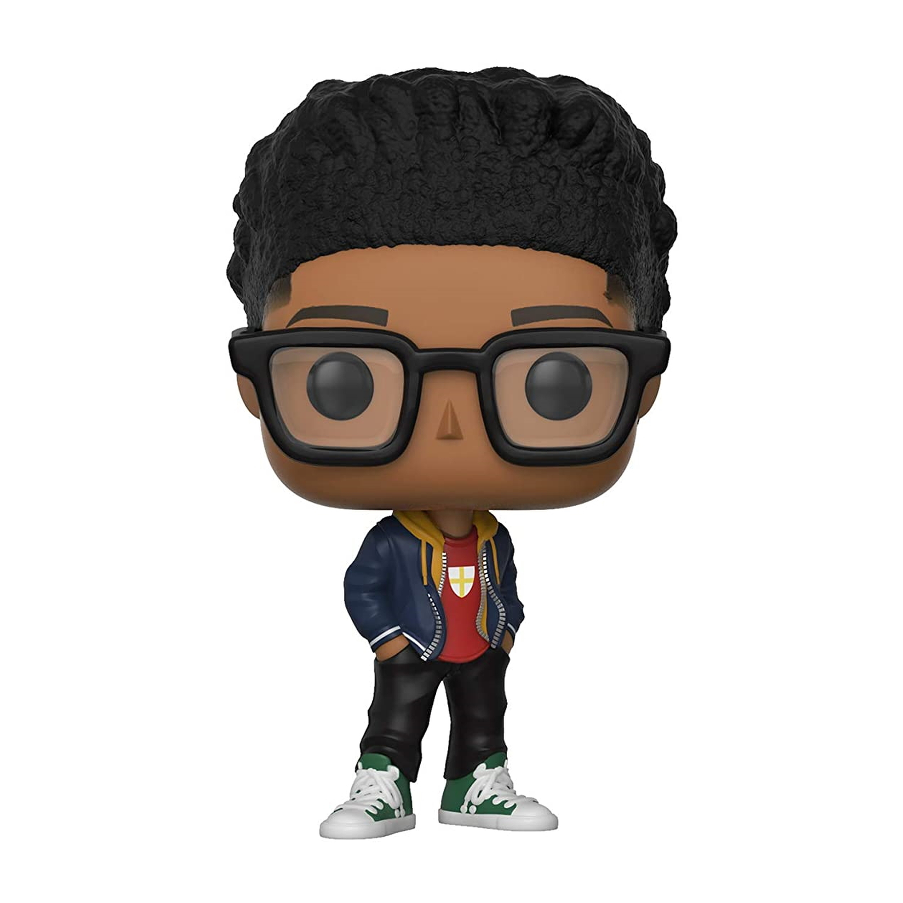 Figurka Funko Pop chłopca w okularach i kurtce. Białe tło.