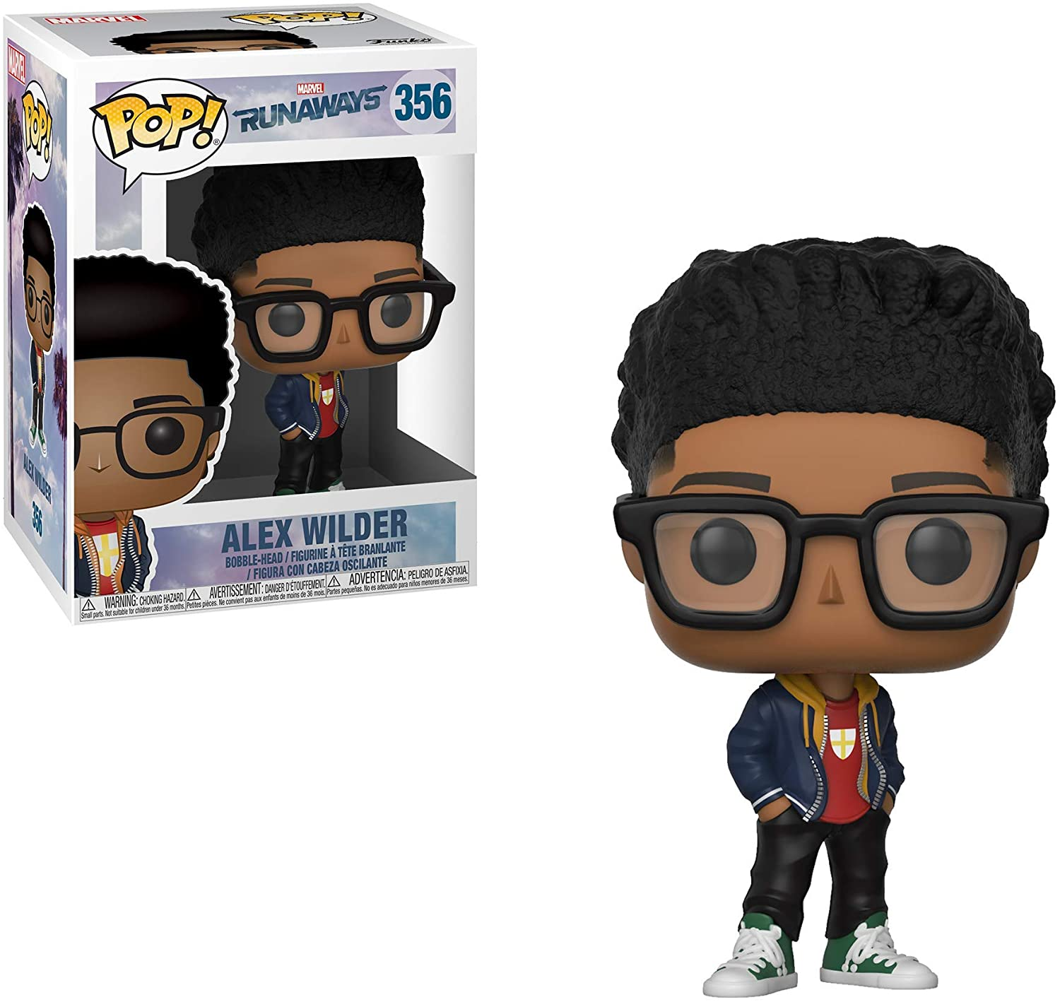Figurka Funko Pop Alexa Wildera. Czarne włosy, okulary, czerwona kurtka i niebieska kurtka.