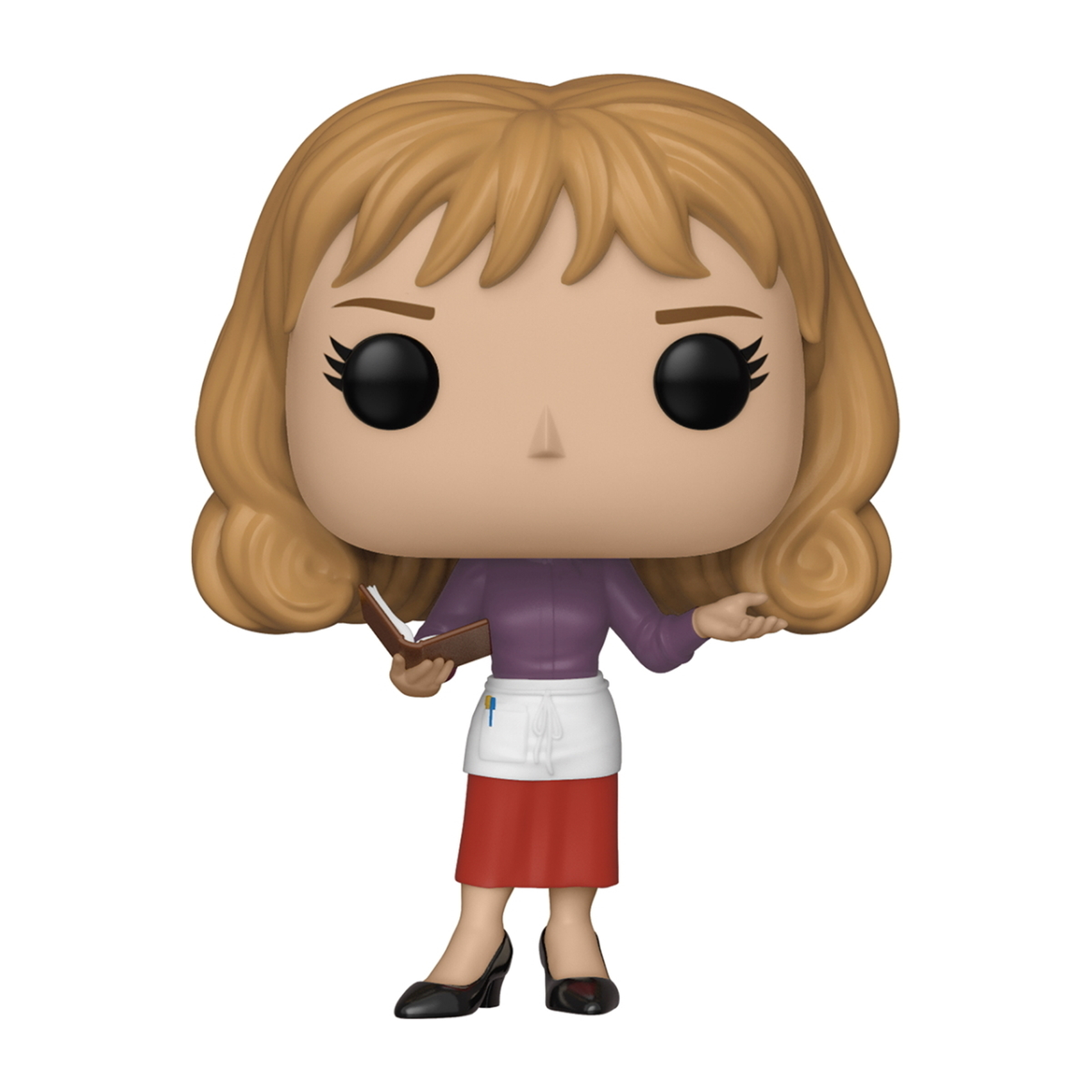 Statuetta Funko Pop di donna con capelli biondi, tiene in mano un libro. Indossa una camicia viola e una gonna rossa.