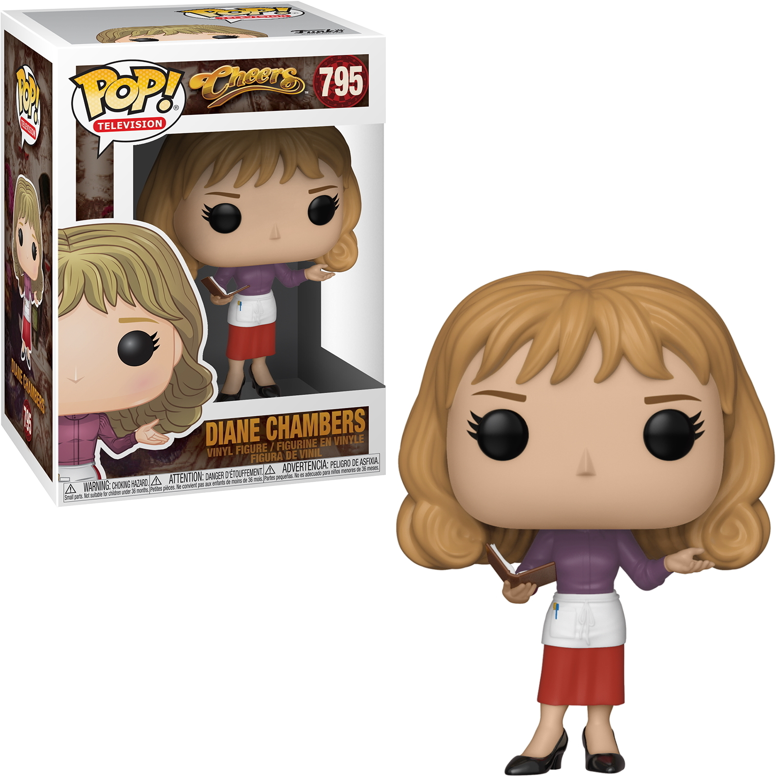 Statuina di Diane Chambers, di Cheers, in una scatola. Indossa una camicia viola, una gonna rossa e tiene un libro.
