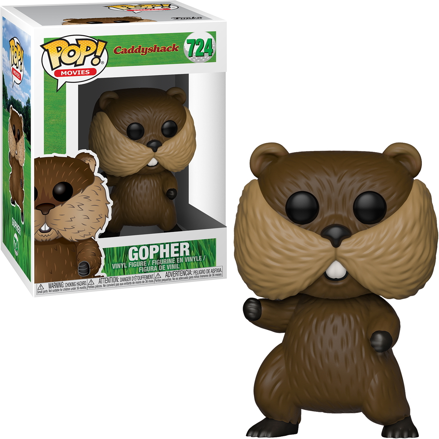 Gopher-Figur aus dem Film Caddyshack, in einer Box. Weißer Hintergrund.
