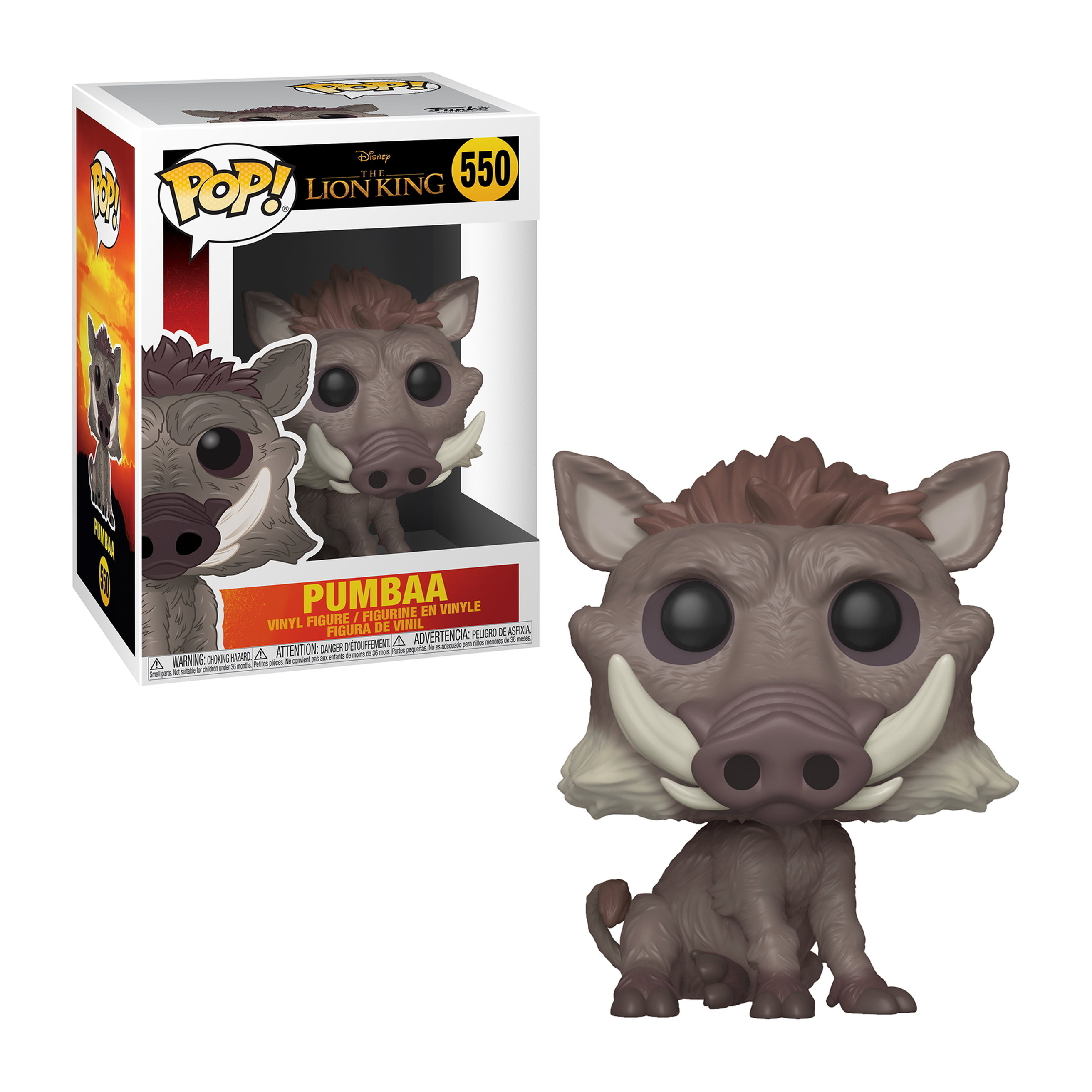 Figurka Funko Pop Pumby z Króla Lwa. Brązowy guziec z kłami, siedzi.