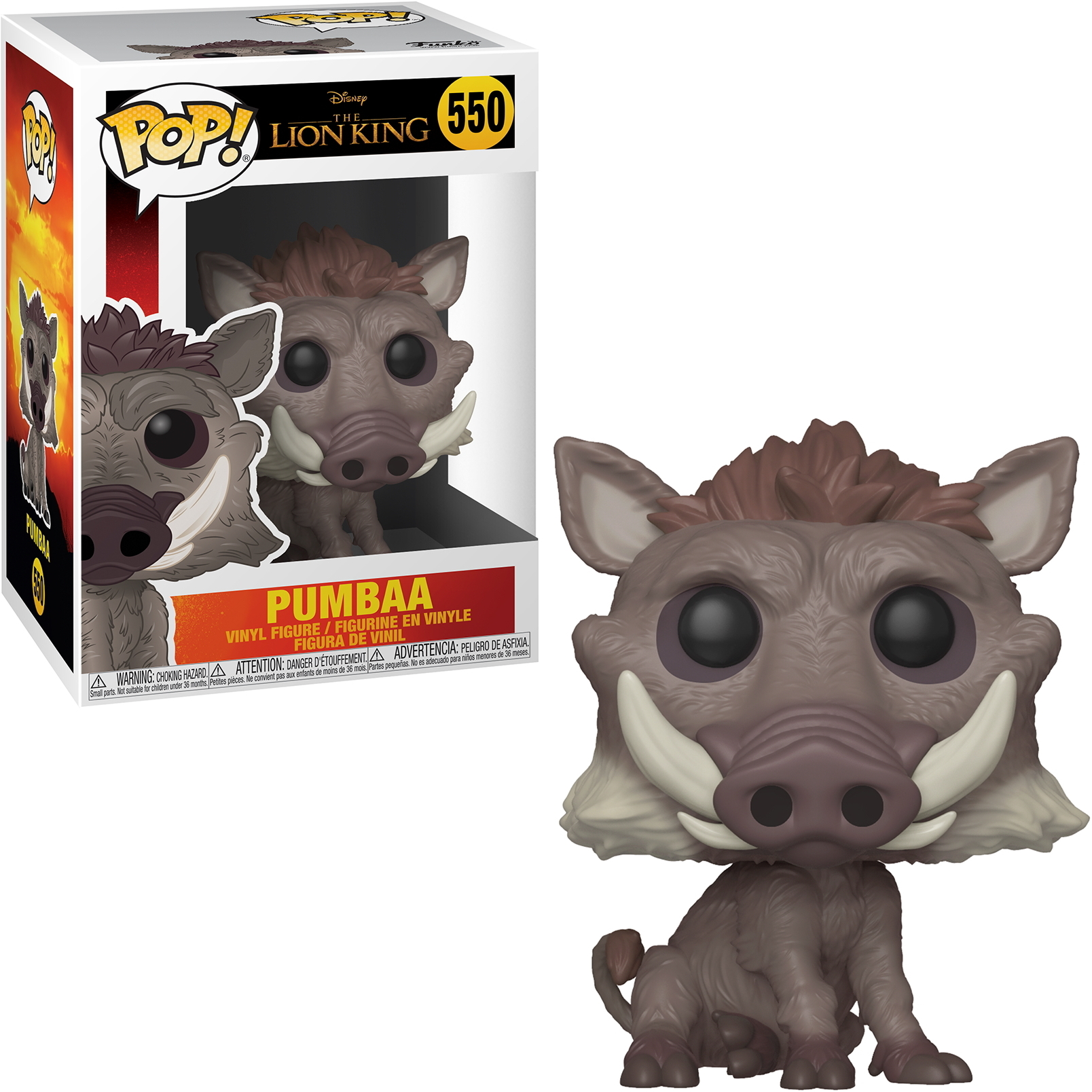 Figurka Funko Pop Pumbaa, z brązowym ciałem, szarą twarzą i dużymi kłami. W pudełku. Król Lew.