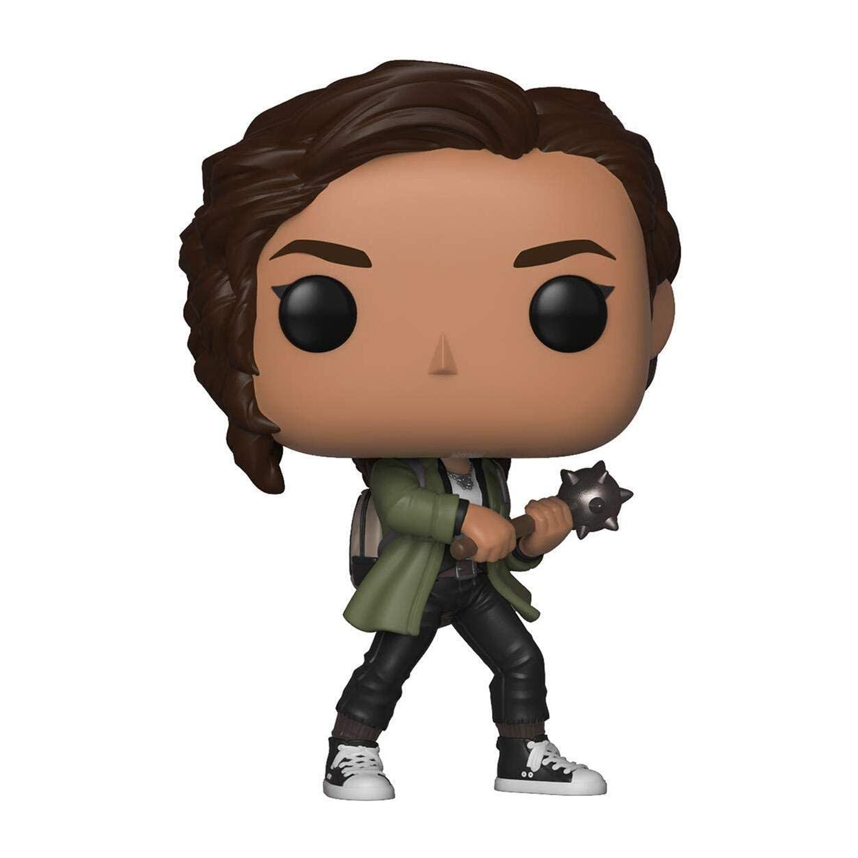 Figurka kobiety z maczugą. Ma na sobie zielony płaszcz i czarne spodnie.