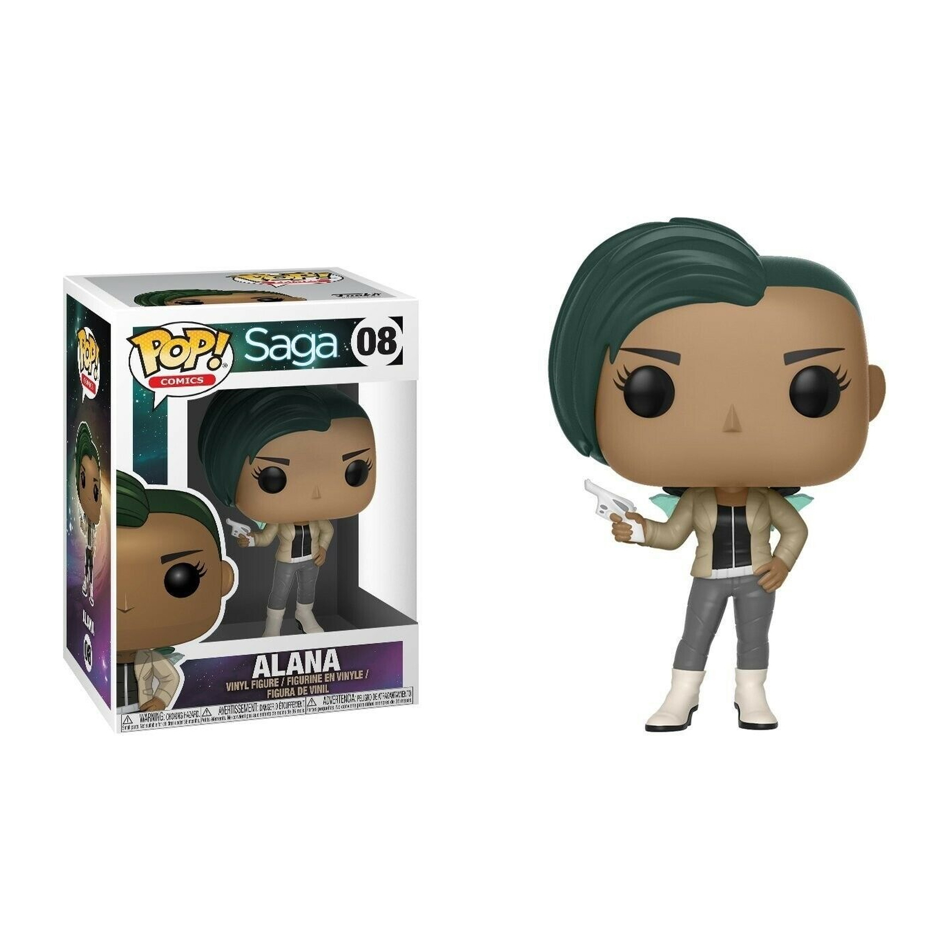 Una figura Funko Pop di Alana di Saga. Tiene una pistola e indossa una giacca e pantaloni grigi.