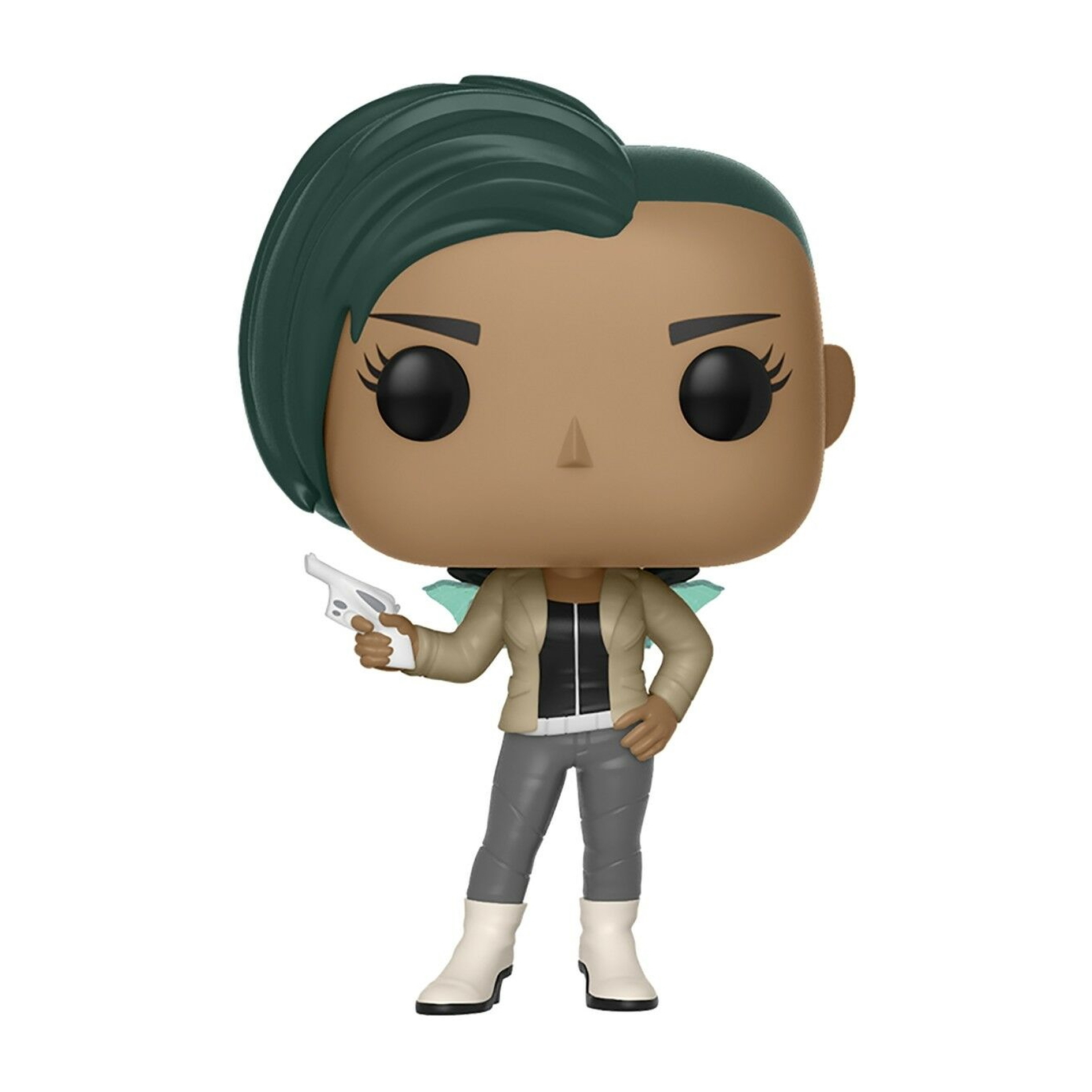 Figura Funko Pop di donna con una pistola. Ha i capelli corti verdi. Sfondo bianco.