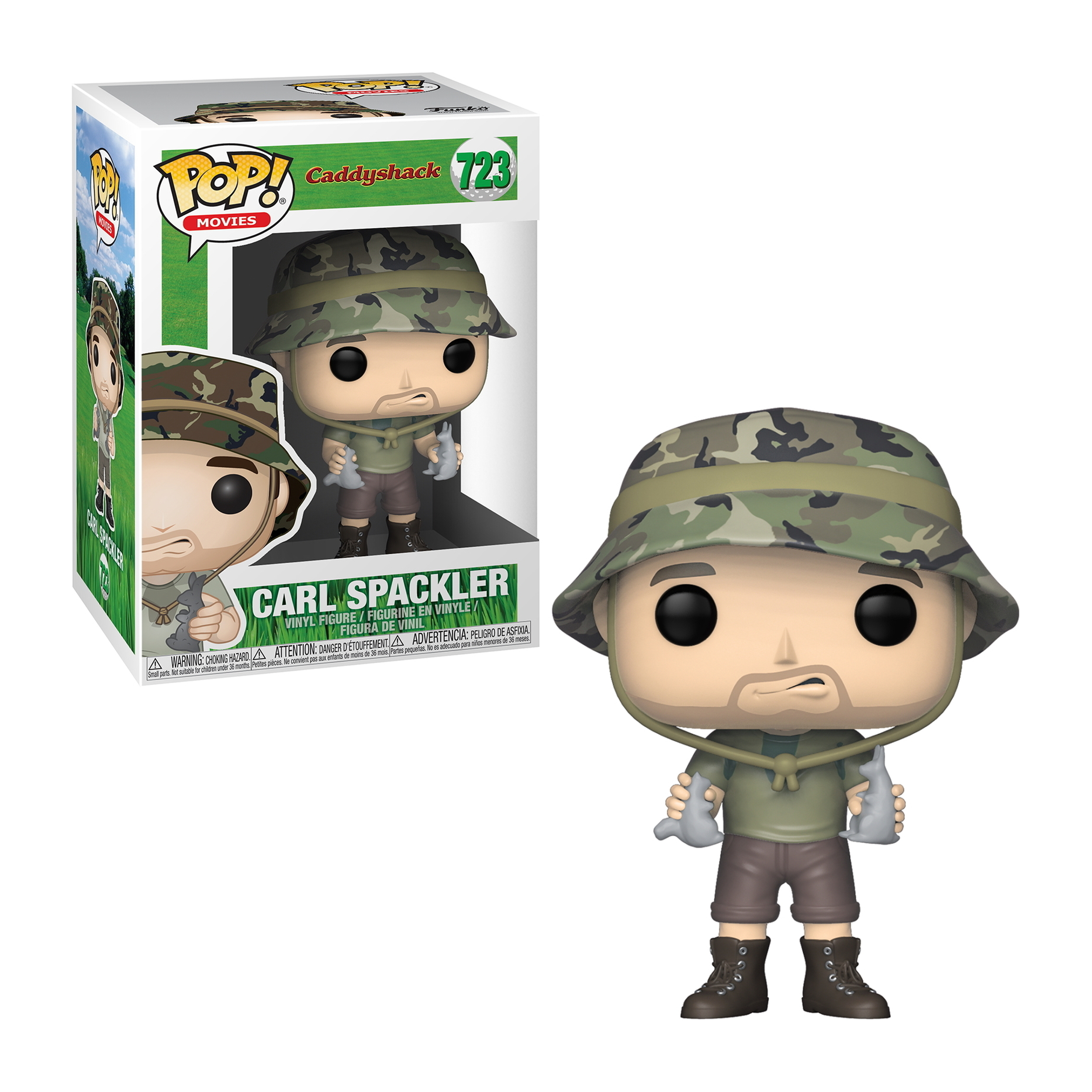 Eine Carl Spackler Funko Pop Figur mit Hut, die Fische hält, neben der Box.