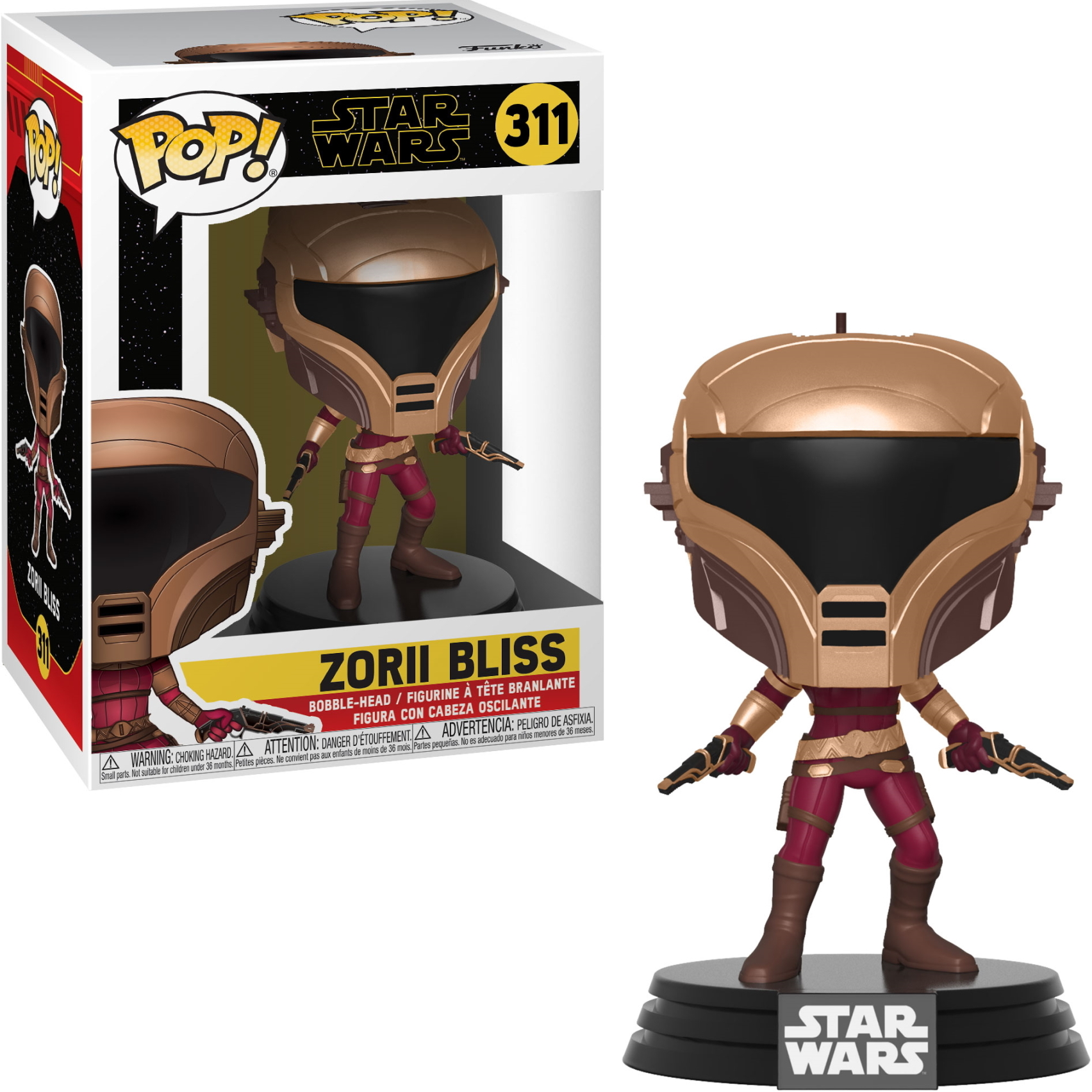 Figurka Star Wars Zori Bliss Funko Pop w pudełku. Jest złota i czerwona z czarną podstawą i hełmem.