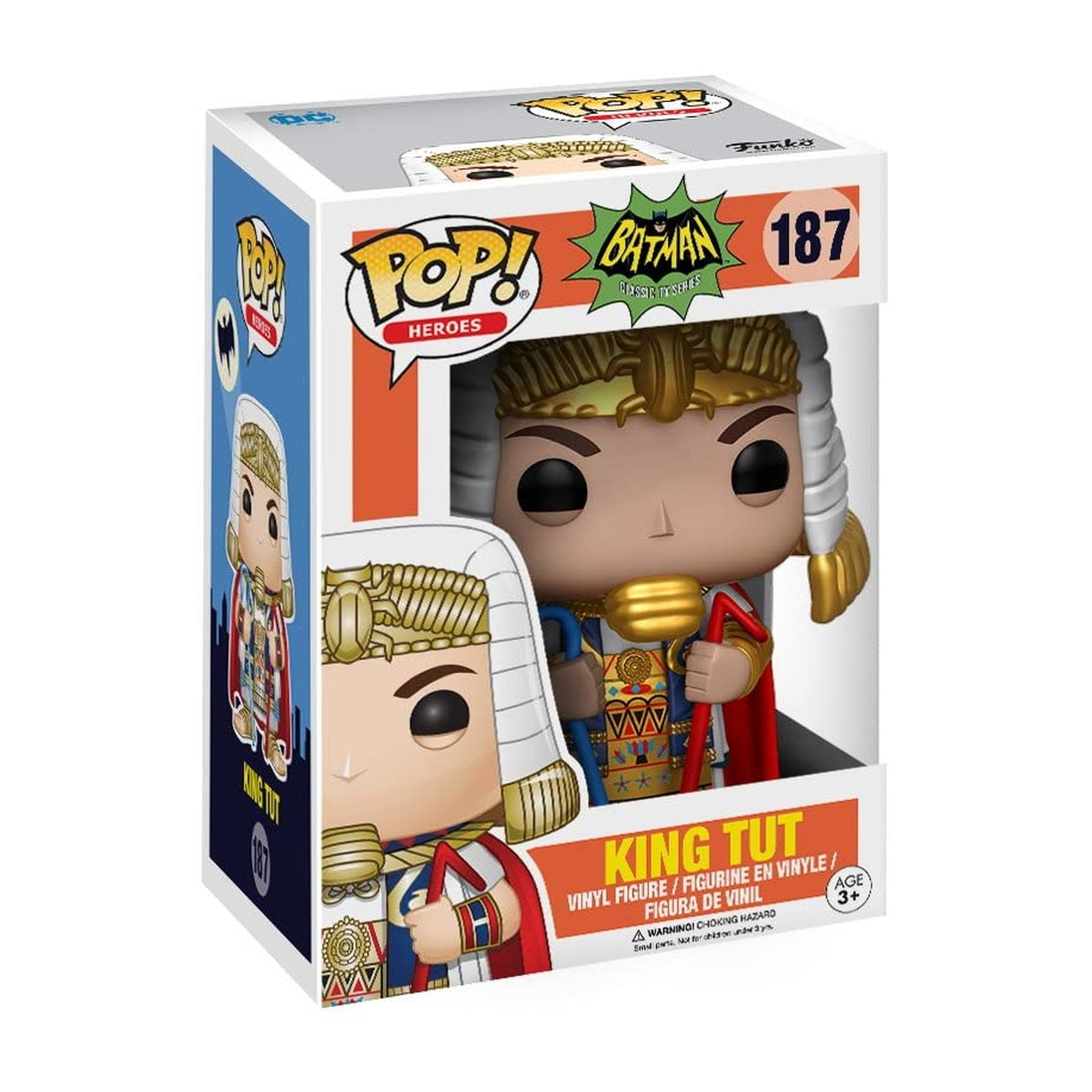 King Tut Funko Pop-Figur in einer Box. Er trägt eine goldene Kopfbedeckung und hält einen Stab.