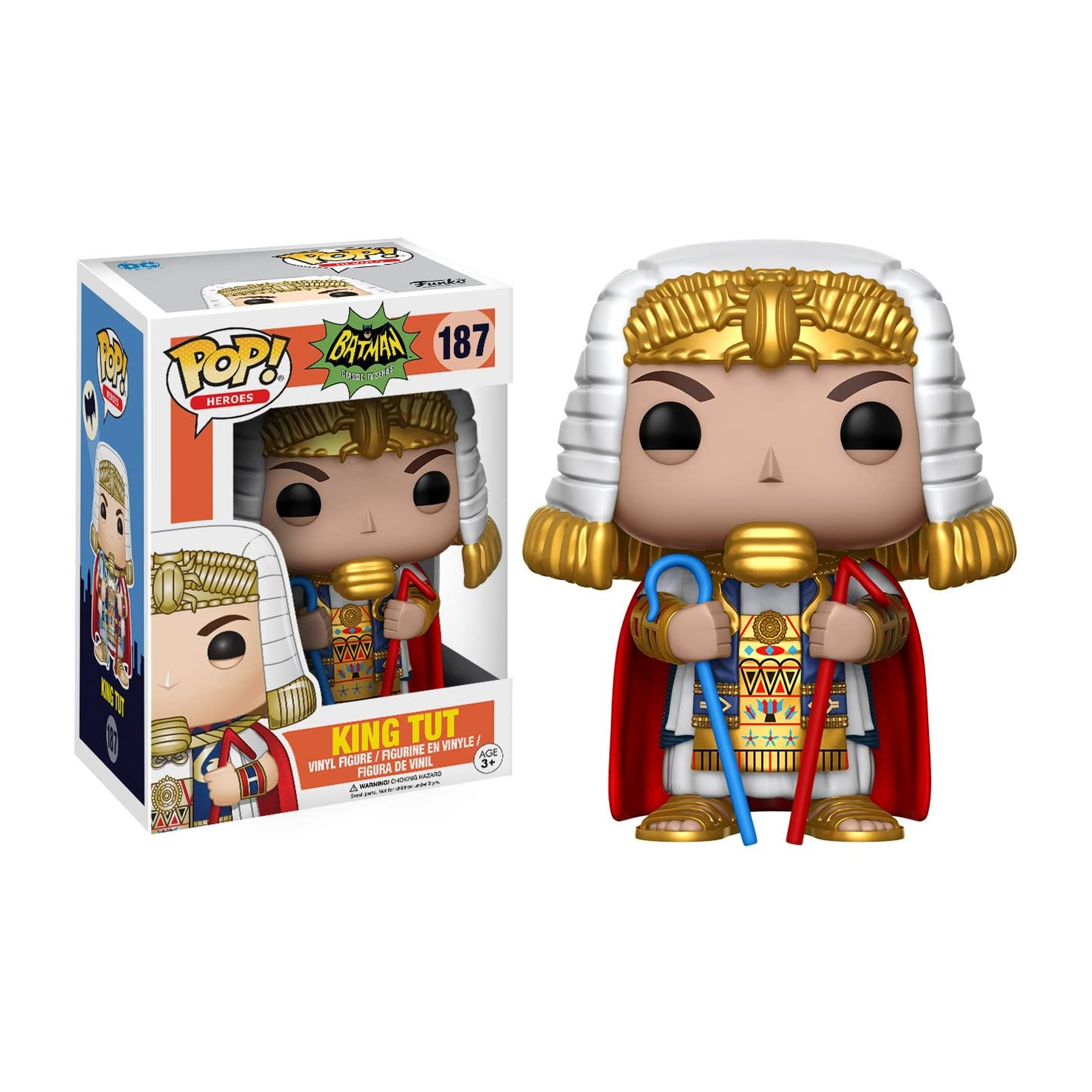 Eine Funko Pop Figur von König Tut, in weißer Perücke und goldener Kopfbedeckung, mit einem Stab, mit einer Box.