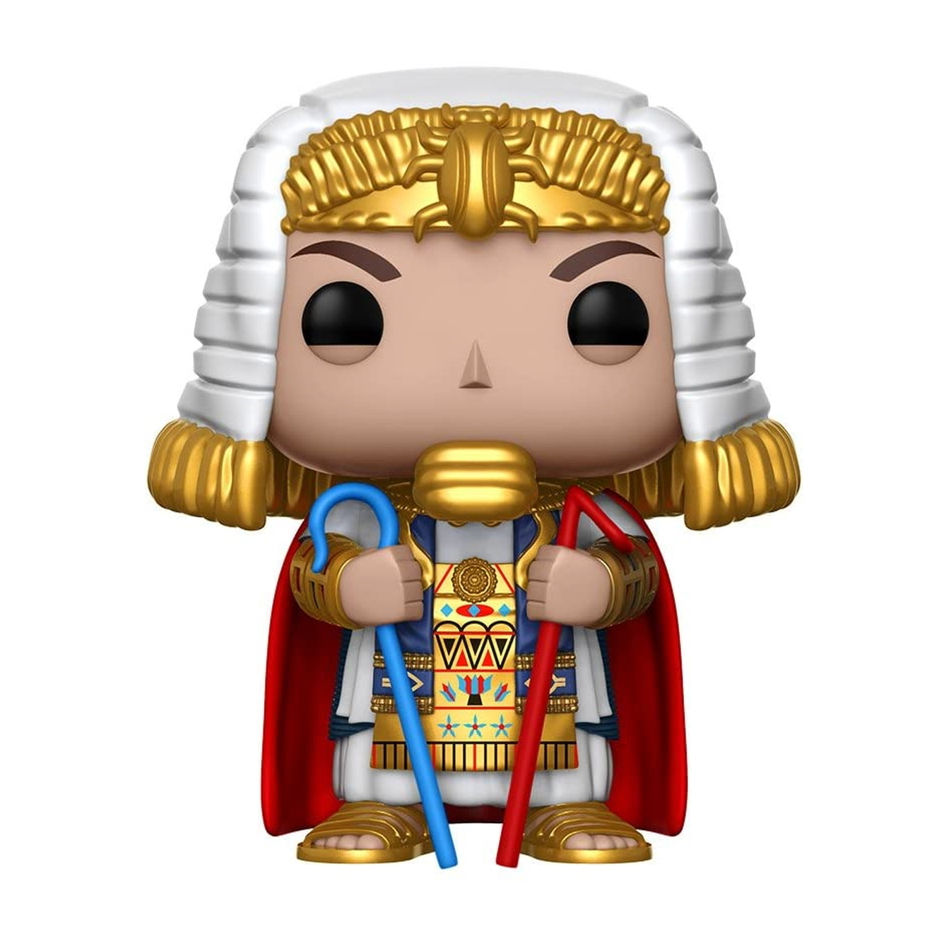 Pharao Funko Pop-Figur mit weißer Kopfbedeckung, hält blaue und rote Stäbe.