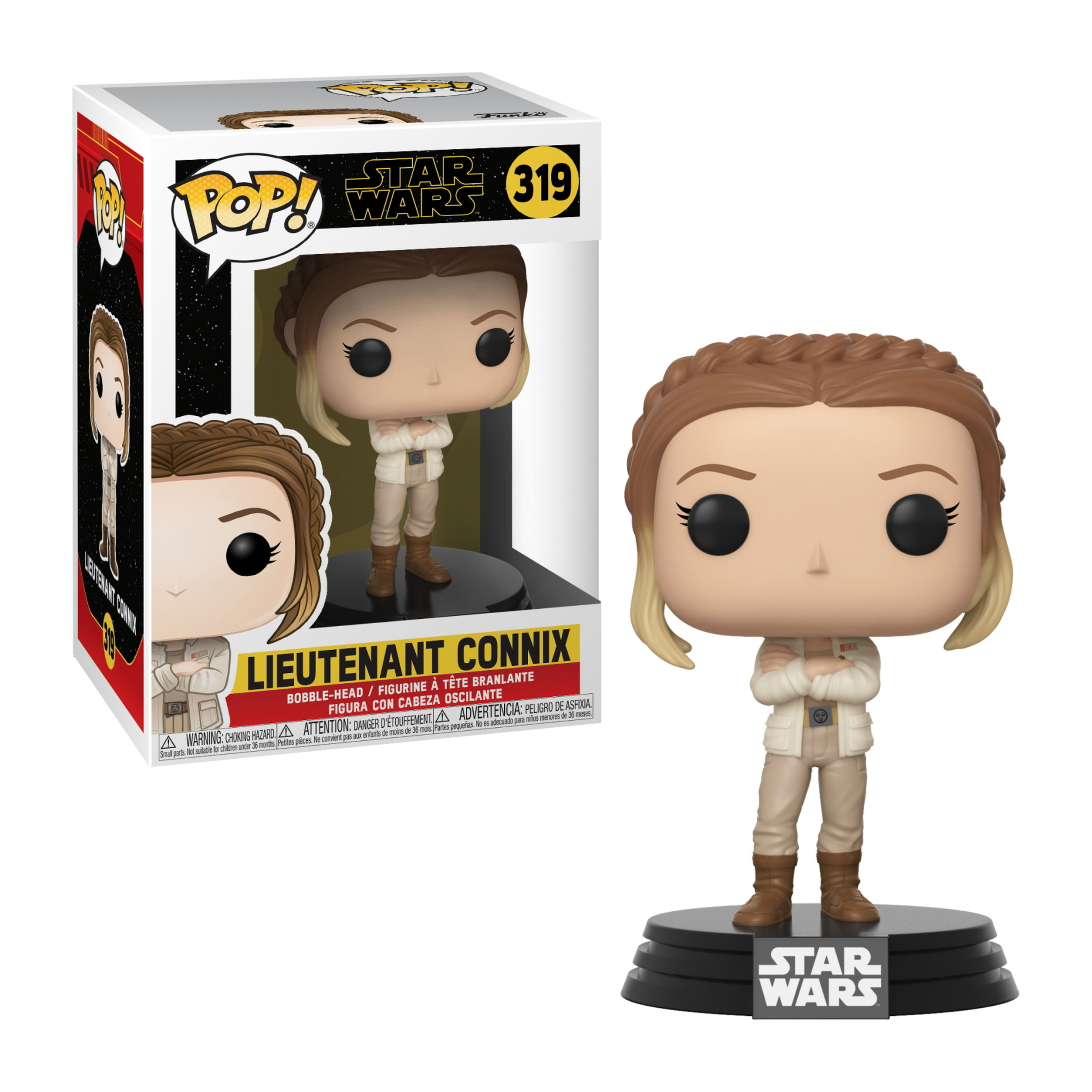 Figurka Lieutenant Connix Funko Pop stoi obok pudełka. Figurka w białym stroju ze skrzyżowanymi ramionami.