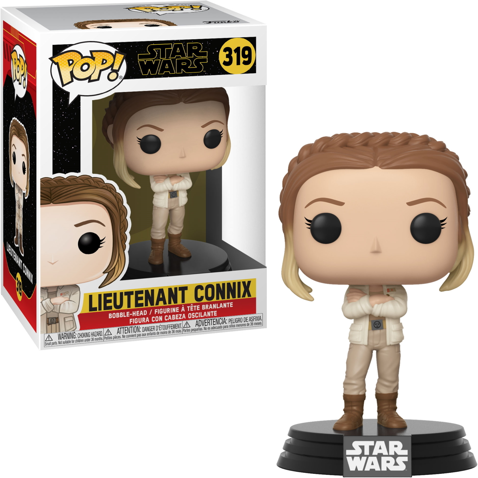 Figurka akcji Star Wars, porucznik Connix w pudełku, z założonymi rękami.