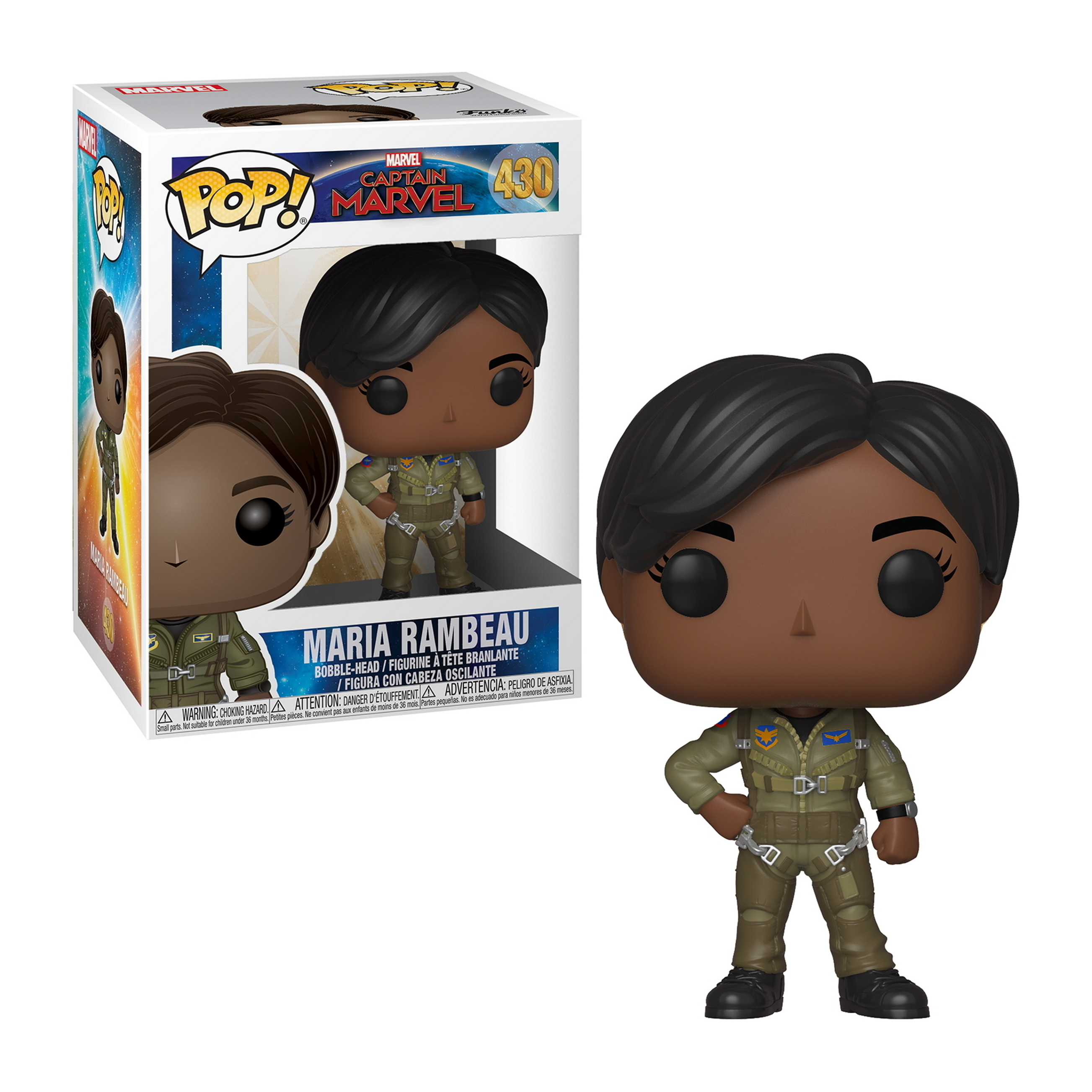 Figurka Funko Pop Marii Rambeau w pudełku. Figurka ma na sobie zielony kombinezon lotniczy i trzyma ręce na talii.