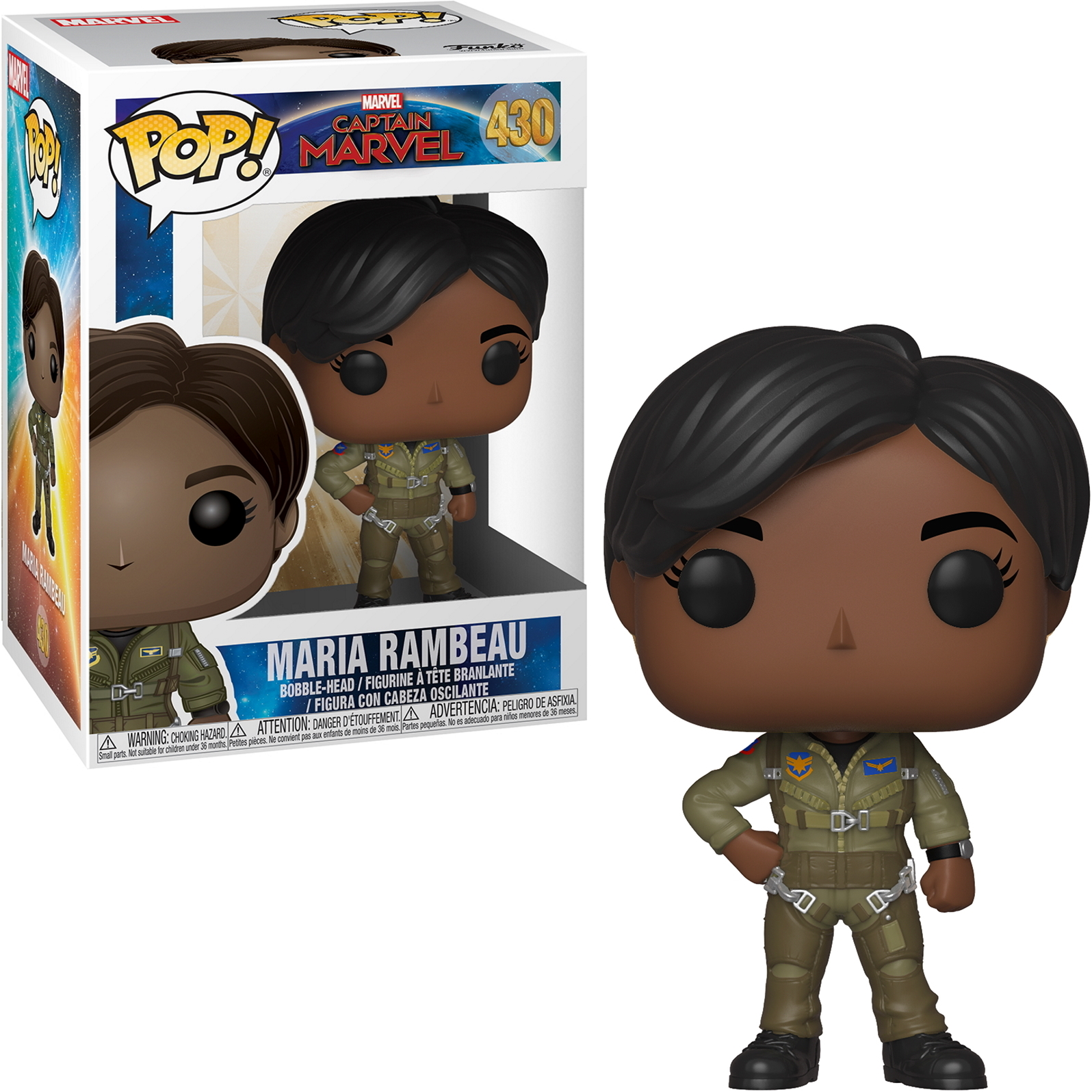 Funko Pop Marii Rambeau, kobiety w zielonym mundurze pilota.