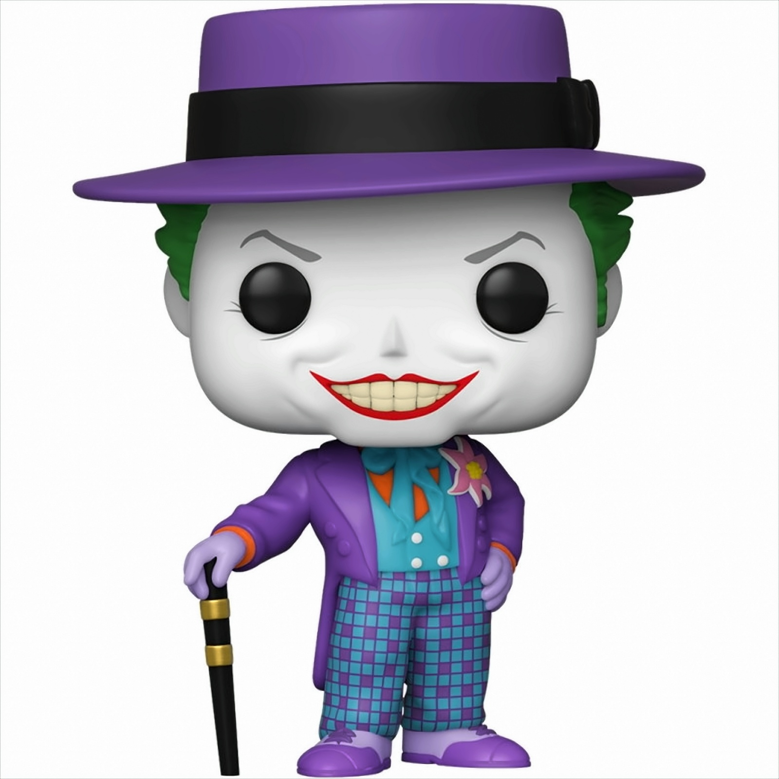Figura Funko Pop di Joker, cappello viola, capelli verdi, viso bianco, occhi neri, labbra rosse, bastone.