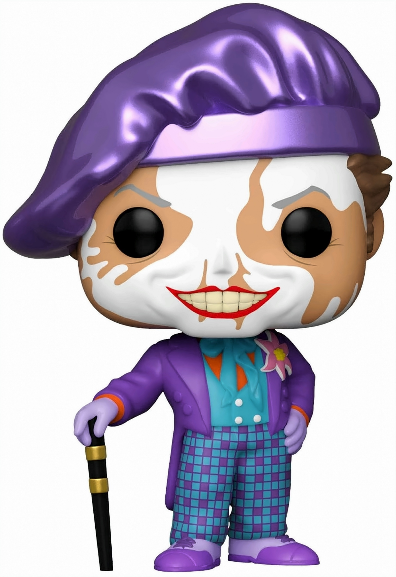 Funko Pop di The Joker. È una figura con un viso bianco e un abito viola, con un bastone.