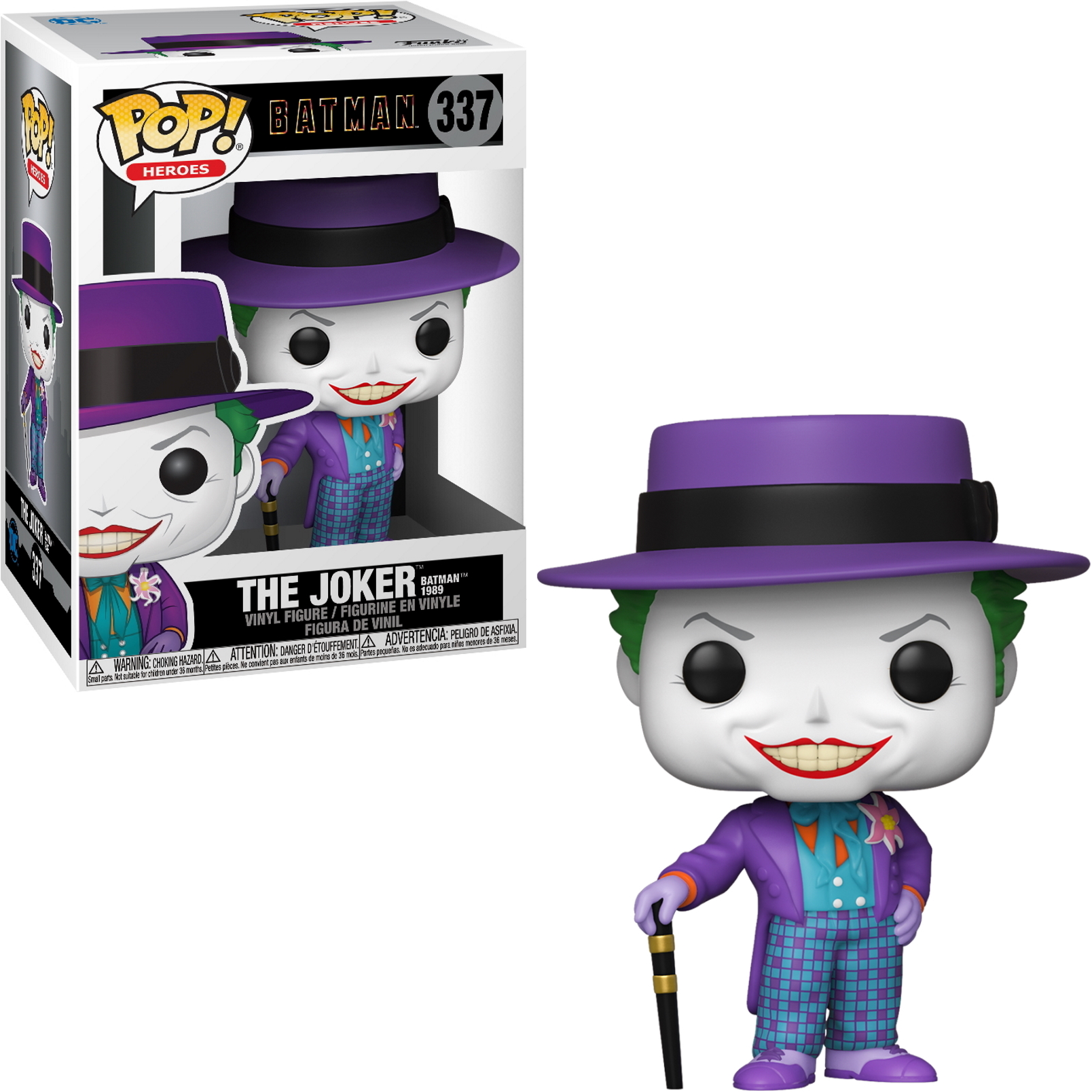 Il Joker di Batman, statuetta Funko Pop con un abito viola e un bastone.