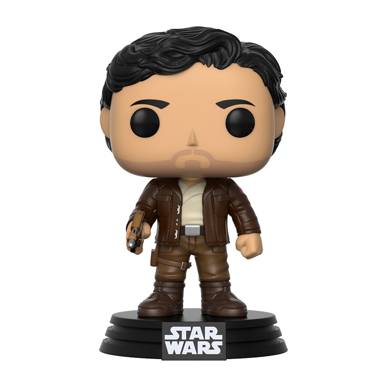 Figura di Han Solo, giacca marrone, pistola in mano, in piedi su una base nera di Star Wars.