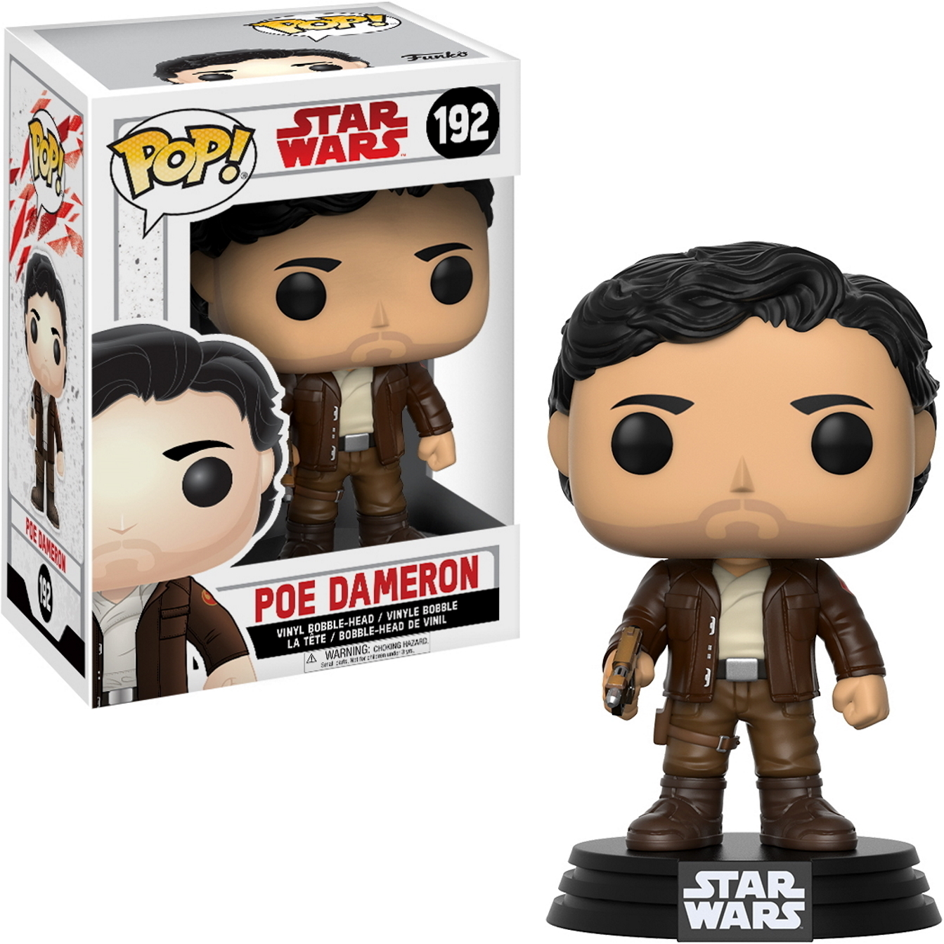 Figura Funko Pop di Poe Dameron, con giacca marrone, in piedi su una base a marchio Star Wars.