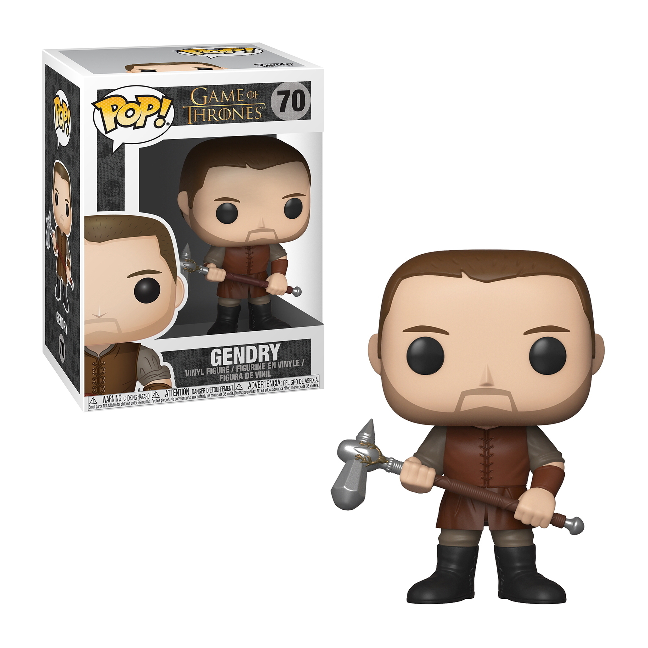 Eine Gendry Game of Thrones Figur mit einem Hammer. Die Box befindet sich links. Er trägt ein braunes Outfit.