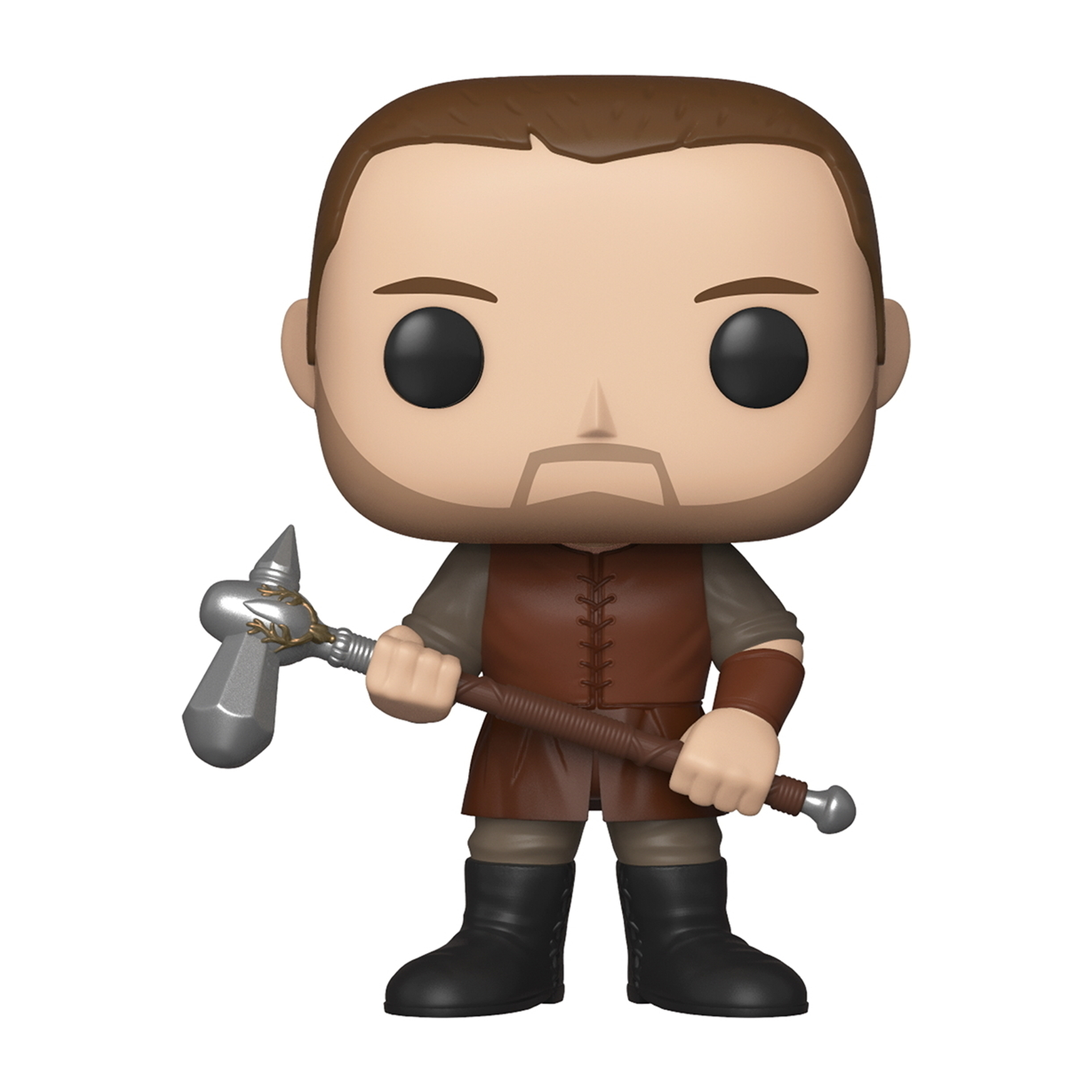 Eine Funko Pop Figur eines Mannes mit Bart, brauner Ledertunika und Hammer.