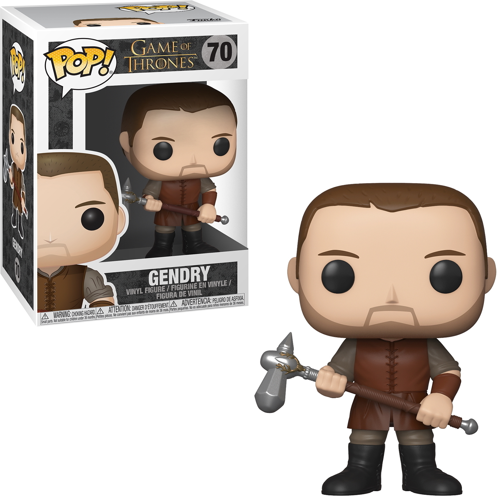 Eine Funko Pop Figur eines Mannes in einem braunen und schwarzen Outfit, der einen Hammer hält.