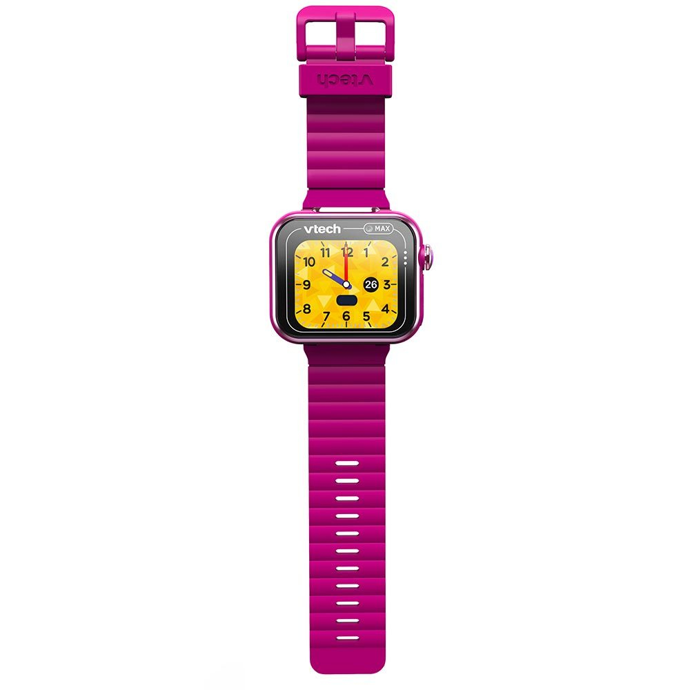 Un orologio Vtech rosa con quadrante analogico e data.