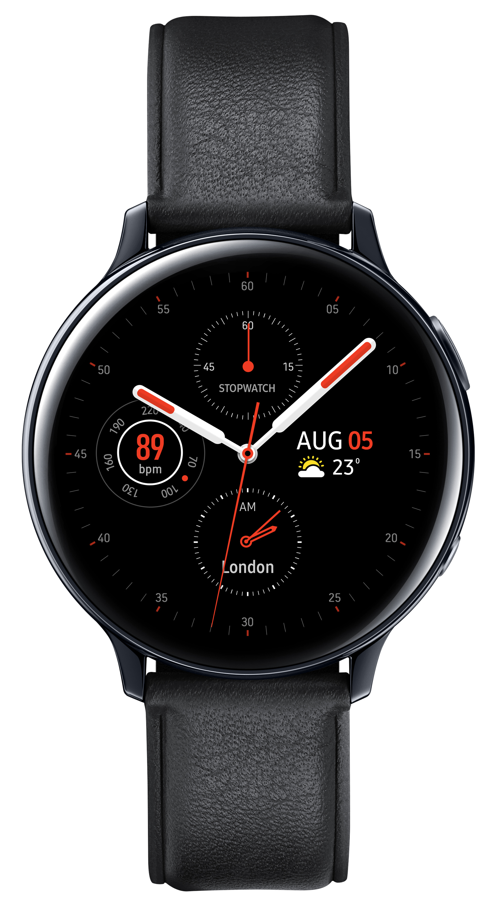 Un Samsung Galaxy Watch negro con una correa de cuero. El reloj muestra la fecha, la hora y la frecuencia cardíaca.