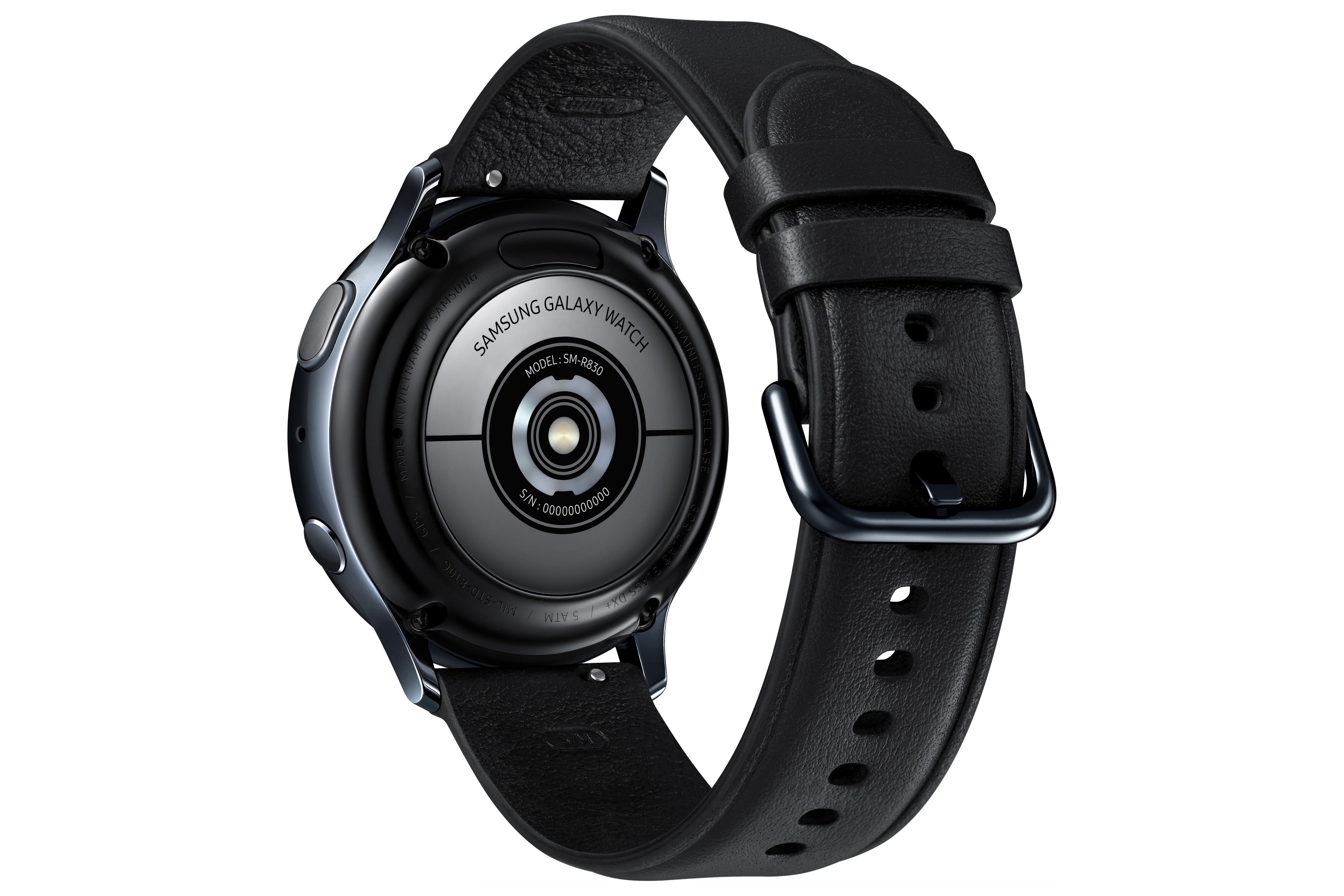 Un Samsung Galaxy Watch negro. Vista trasera, con una correa de cuero negro.