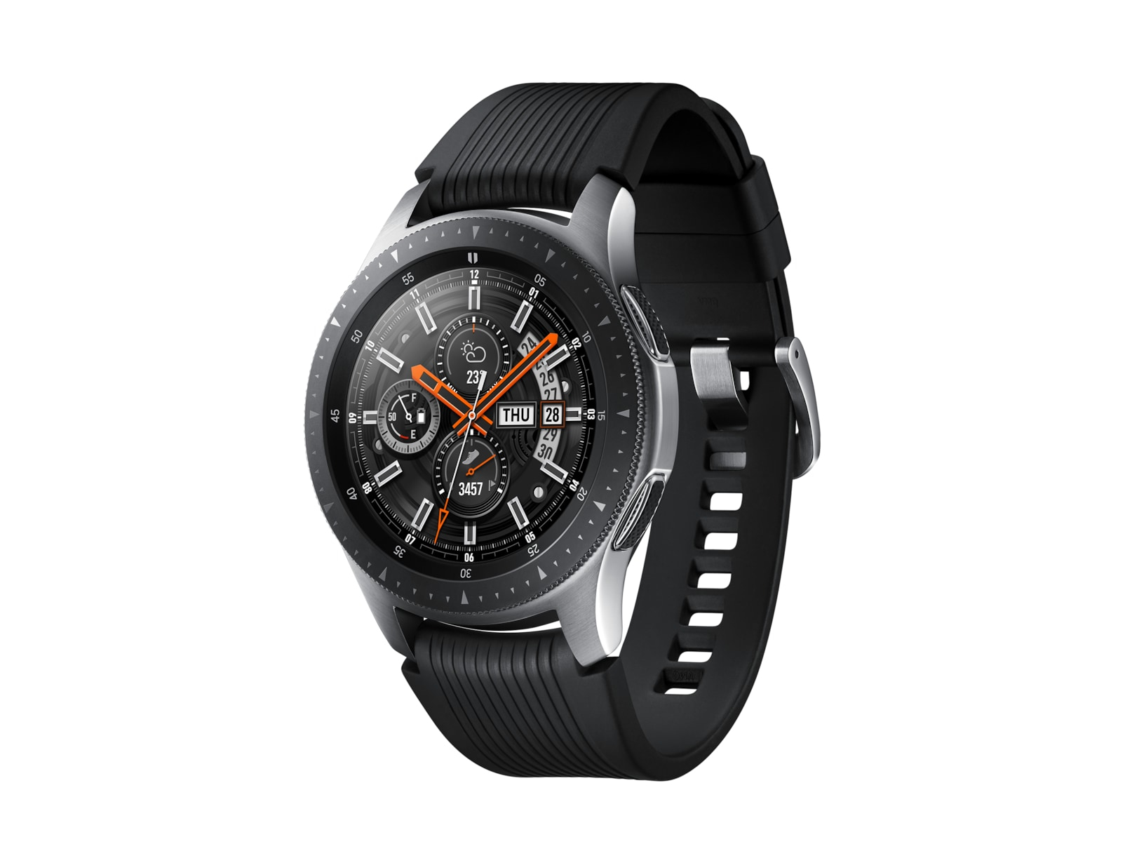 Eine schwarze und silberne Samsung Galaxy Smartwatch mit schwarzem Armband.