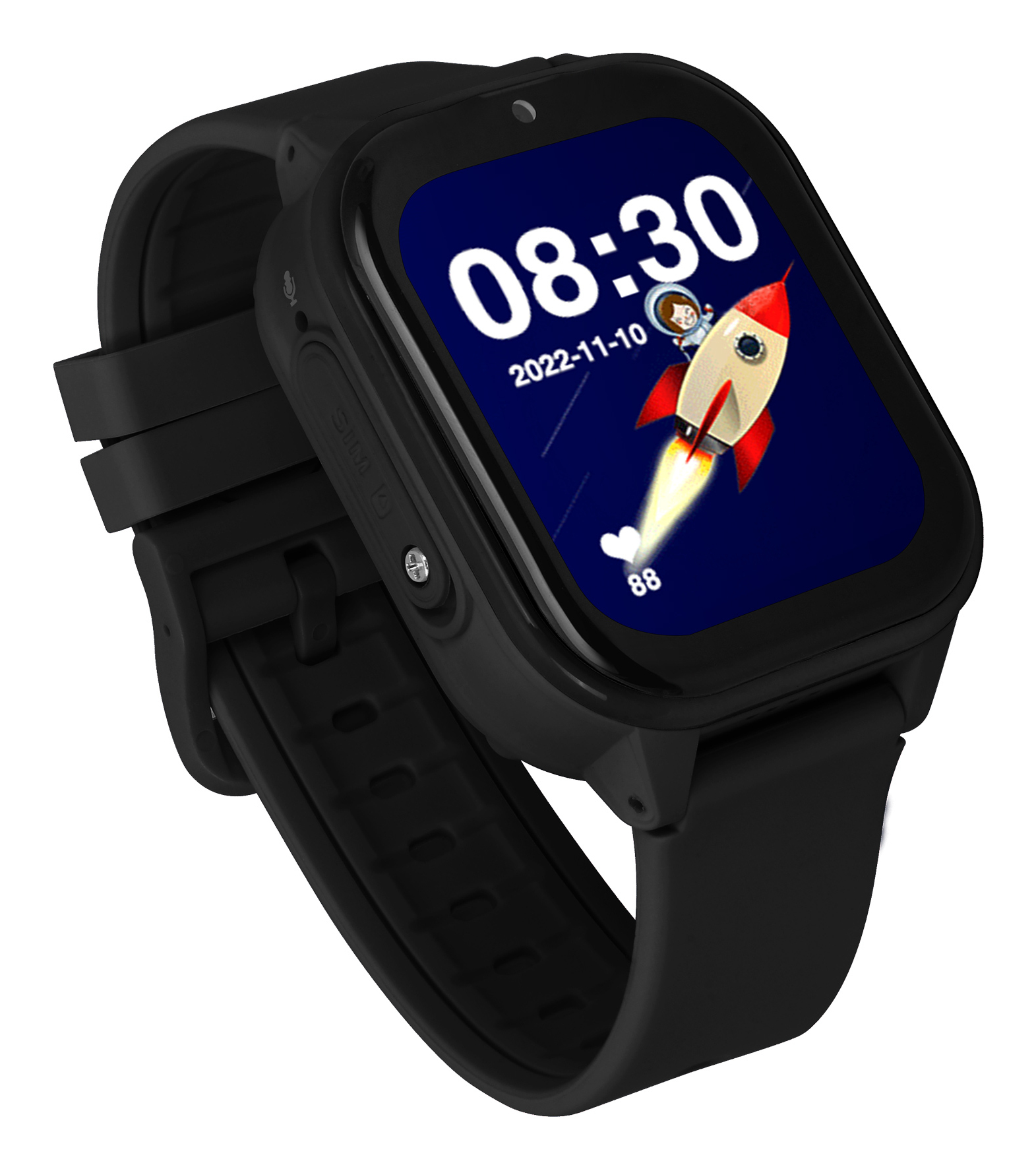 Schwarze Smartwatch mit Bildschirm, der Zeit, Datum und Rakete zeigt.