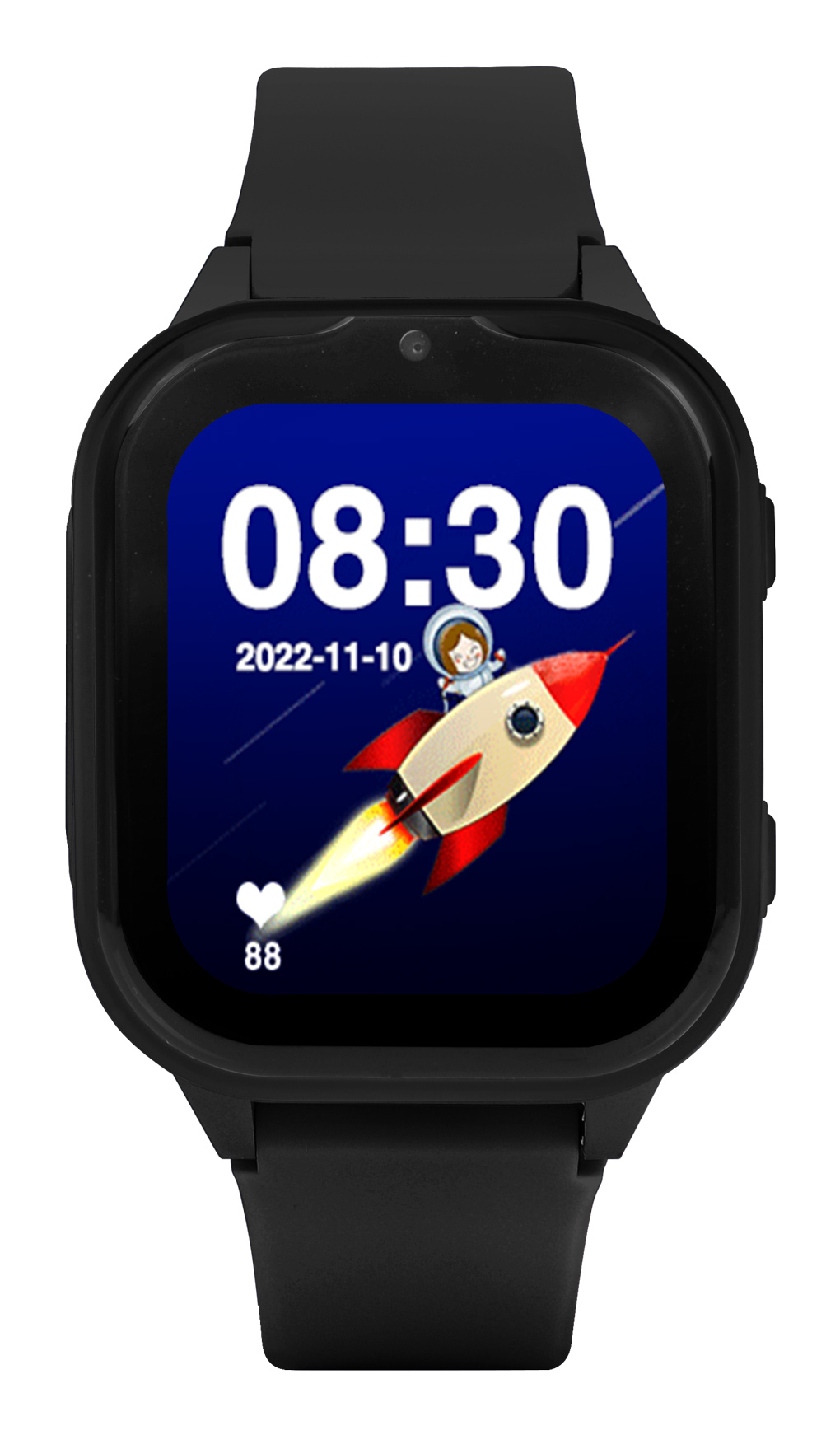Eine schwarze Smartwatch zeigt die Uhrzeit 08:30 und eine Raketen-Illustration.