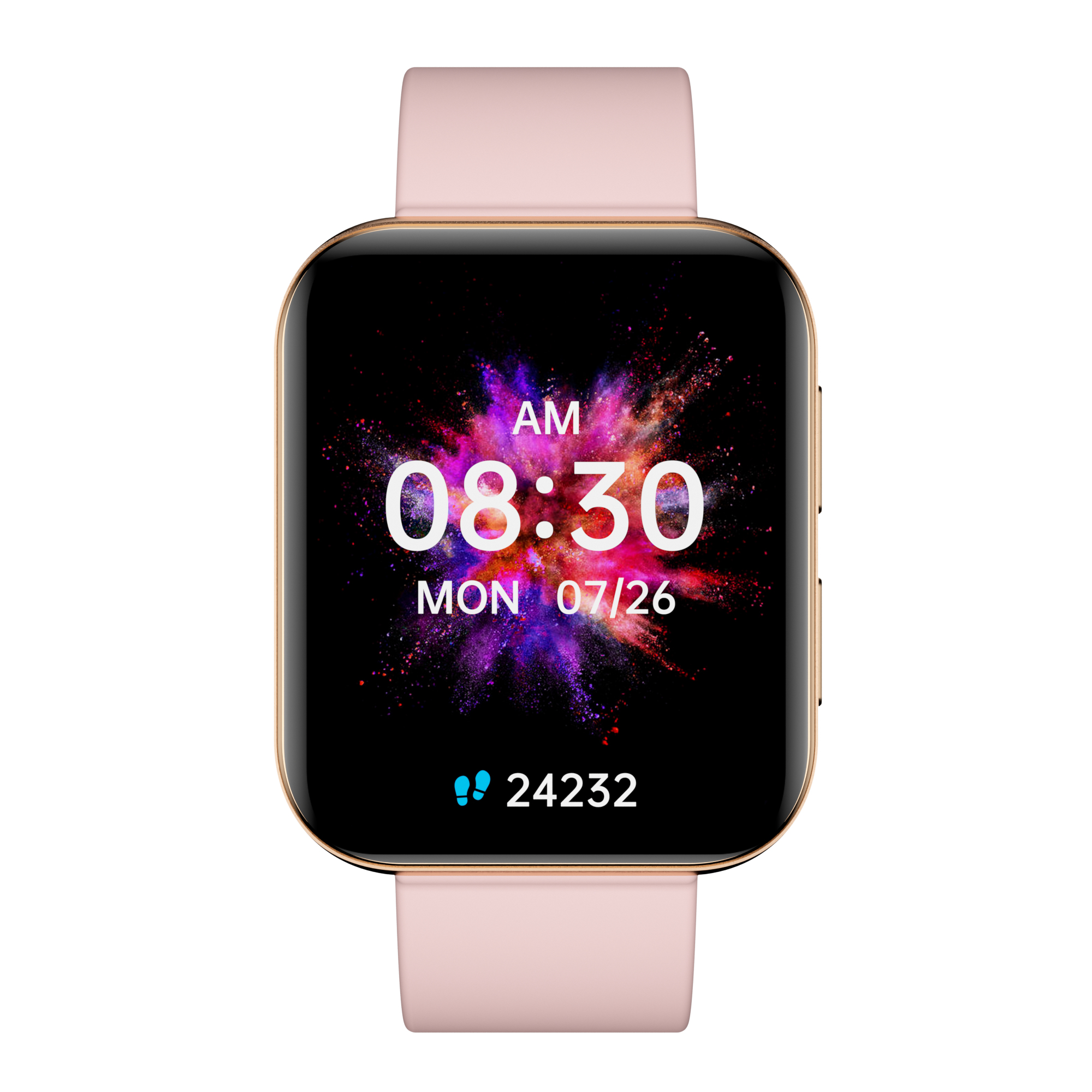 Eine Smartwatch mit rosafarbenem Armband. Der Bildschirm zeigt 08:30, Montag, 26. Juli und 24232.