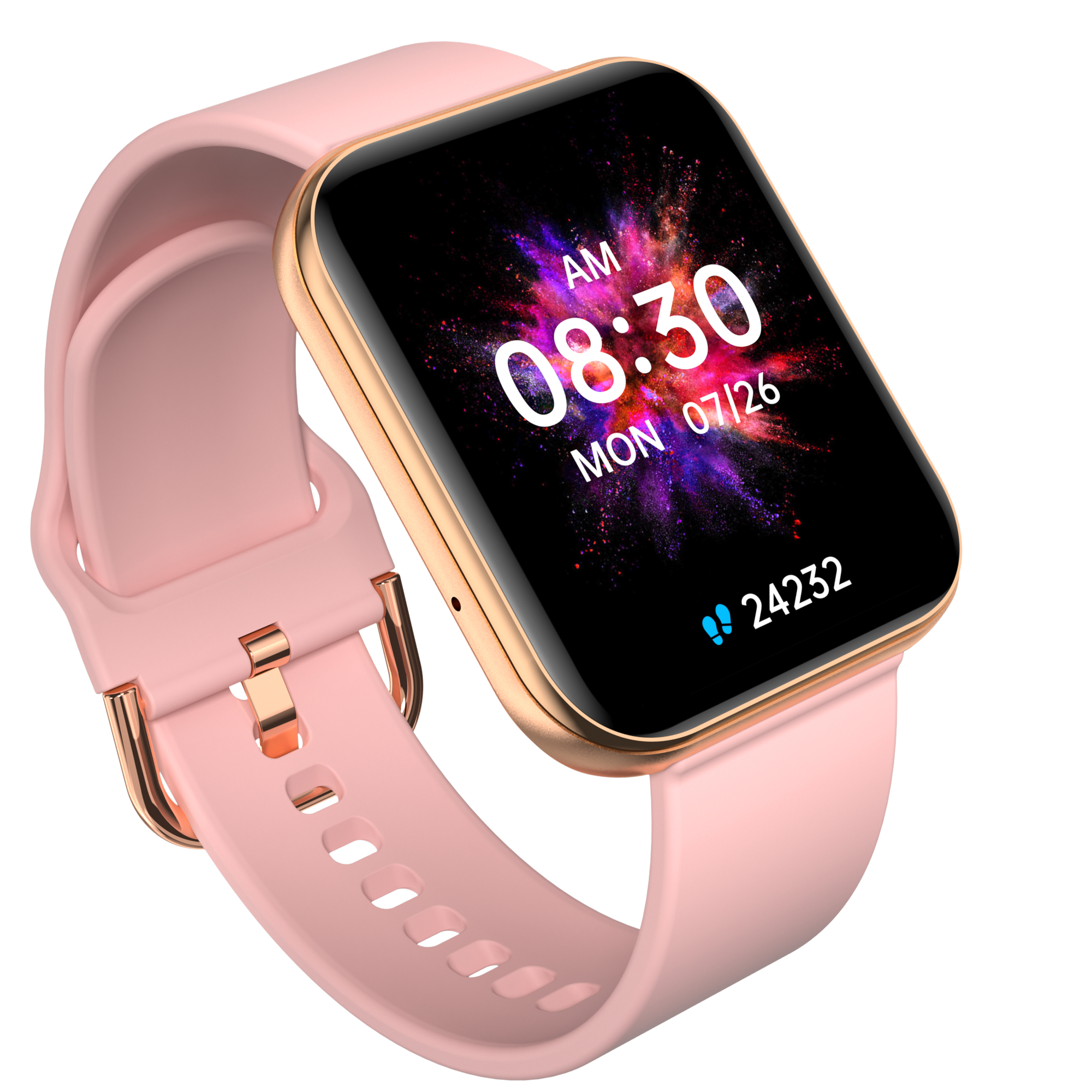Eine rosa Smartwatch mit goldenem Rahmen, die Uhrzeit, Datum und Aktivitätsdaten auf dem Bildschirm anzeigt.