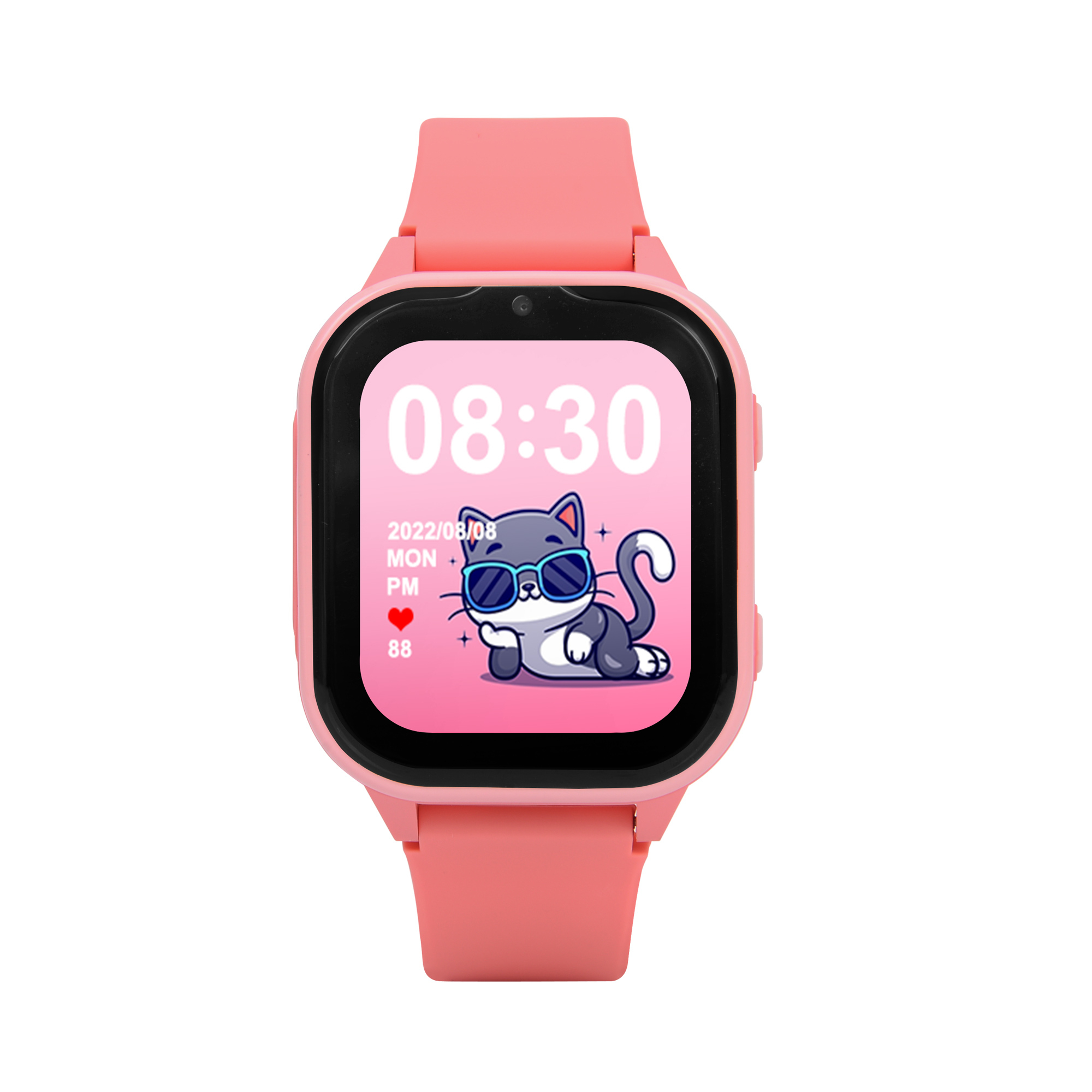 Eine pinke Smartwatch mit einem Bildschirm, der eine Katze mit Sonnenbrille zeigt. Pinkes Armband. Weißer Hintergrund.