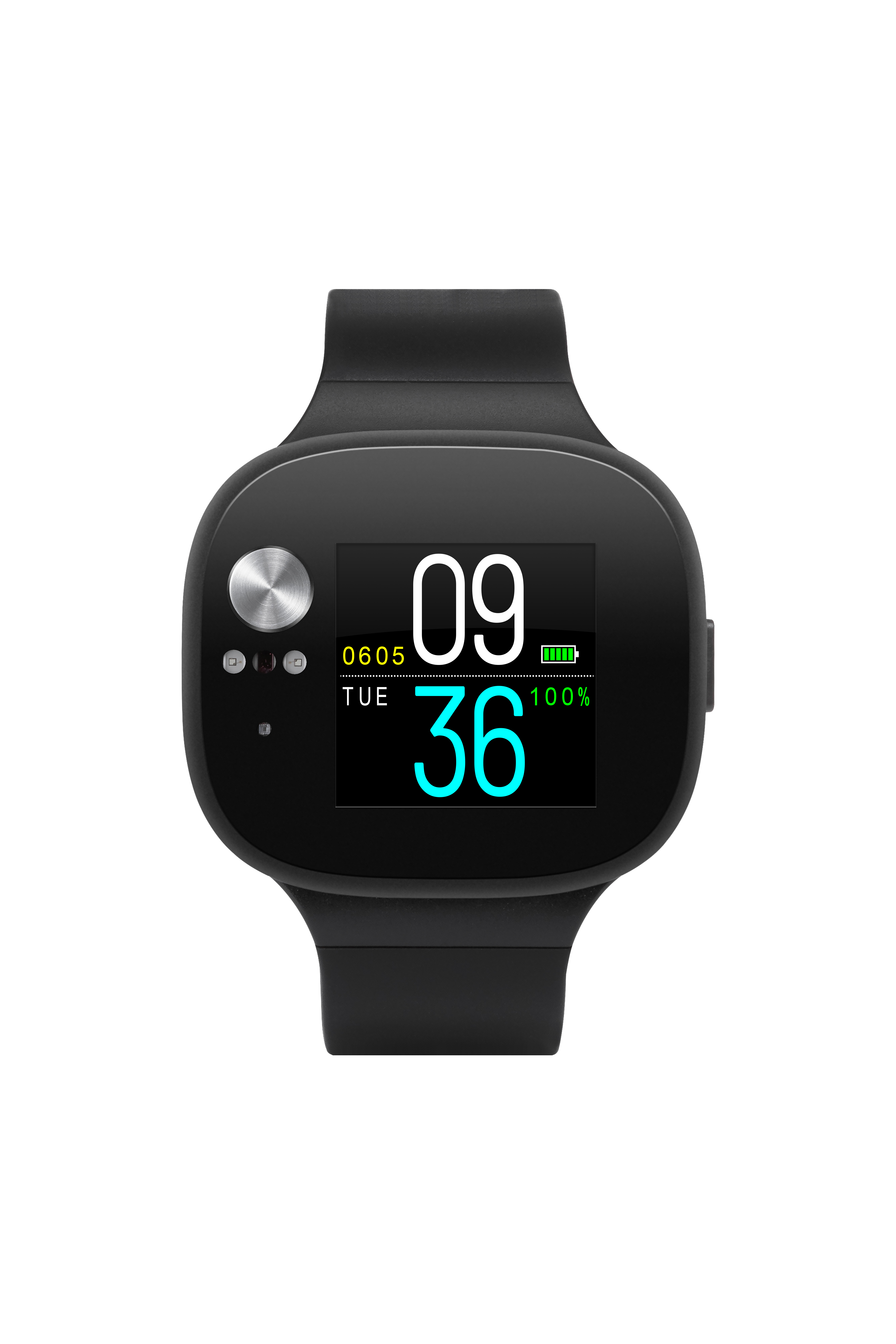 Eine schwarze Smartwatch, die Zeit, Akkulaufzeit und Datum auf einem digitalen Display anzeigt.