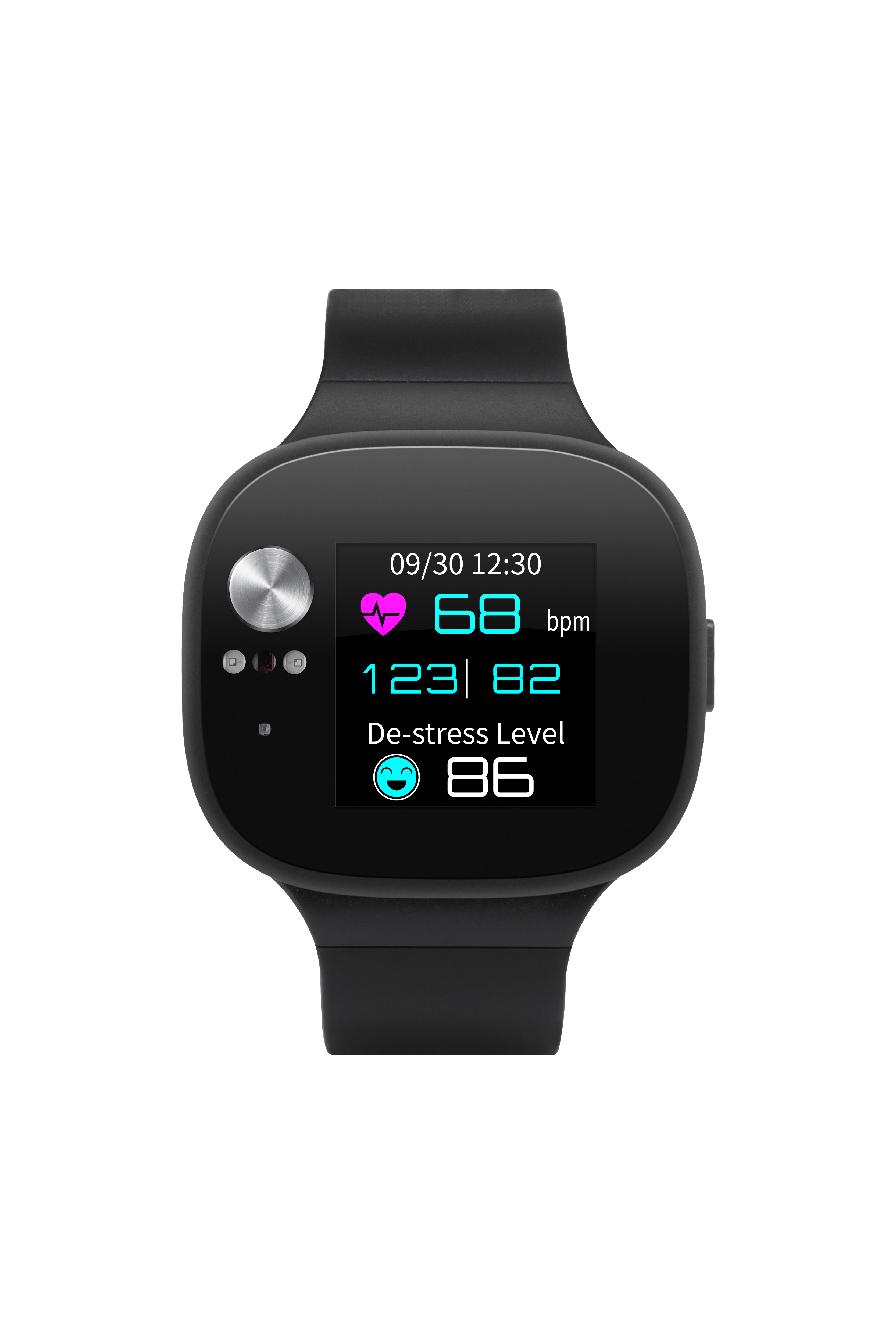 Schwarze Smartwatch, die Zeit, Herzfrequenz und Stresslevel anzeigt, schwarzes Armband, zwei Knöpfe.