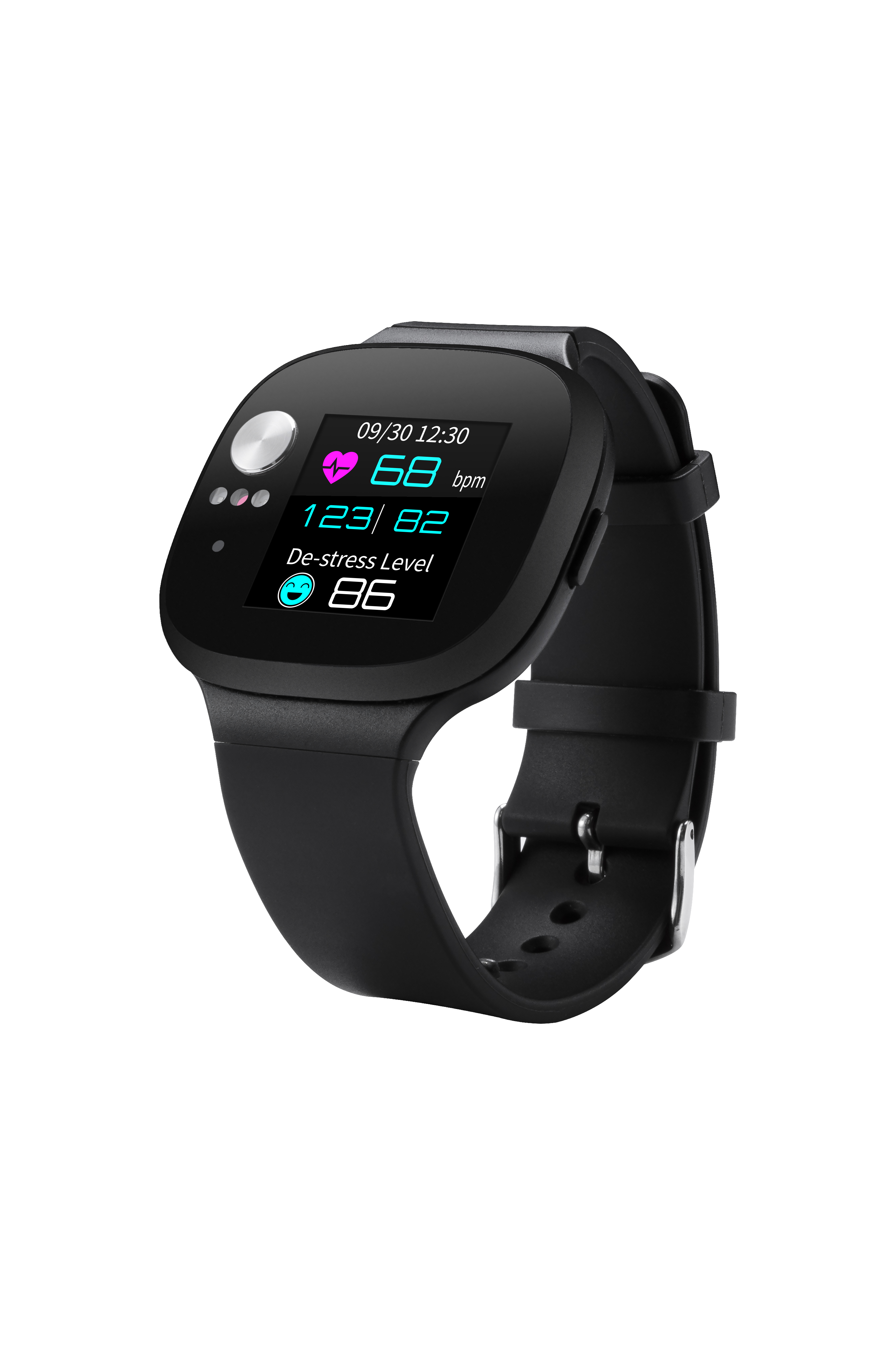 Schwarze Smartwatch mit Gesundheitsdaten: Herzfrequenz, Blutdruck und Stresslevel.